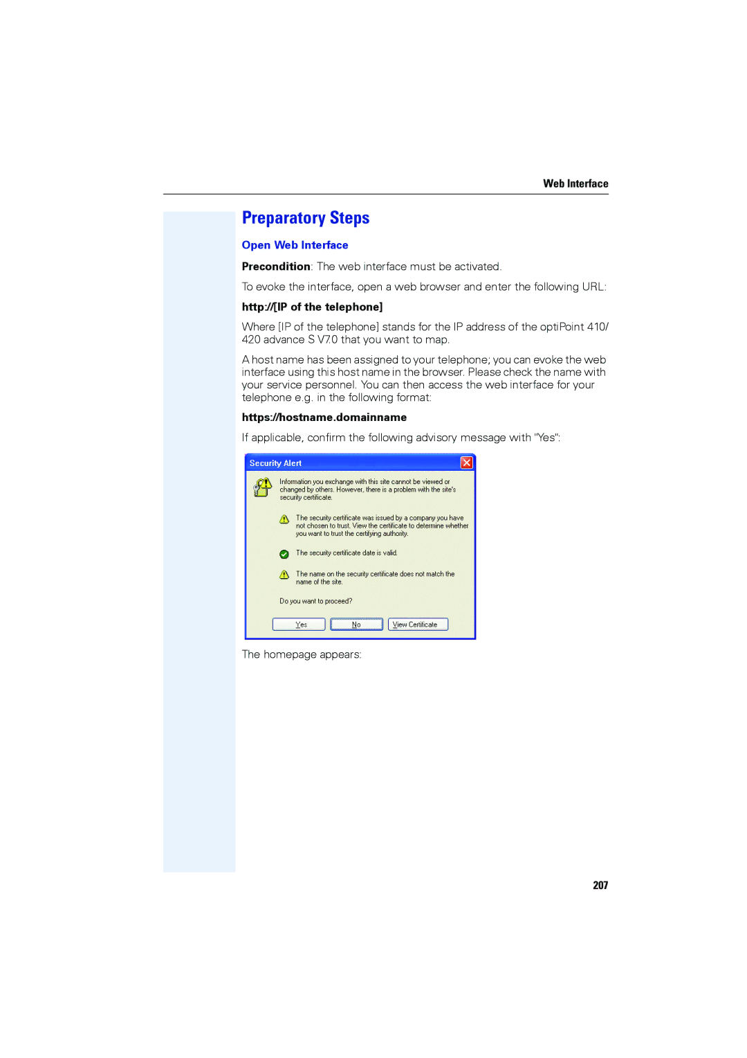 Siemens OPTIPOINT410 Preparatory Steps, Open Web Interface, Http//IP of the telephone, Https//hostname.domainname, 207 