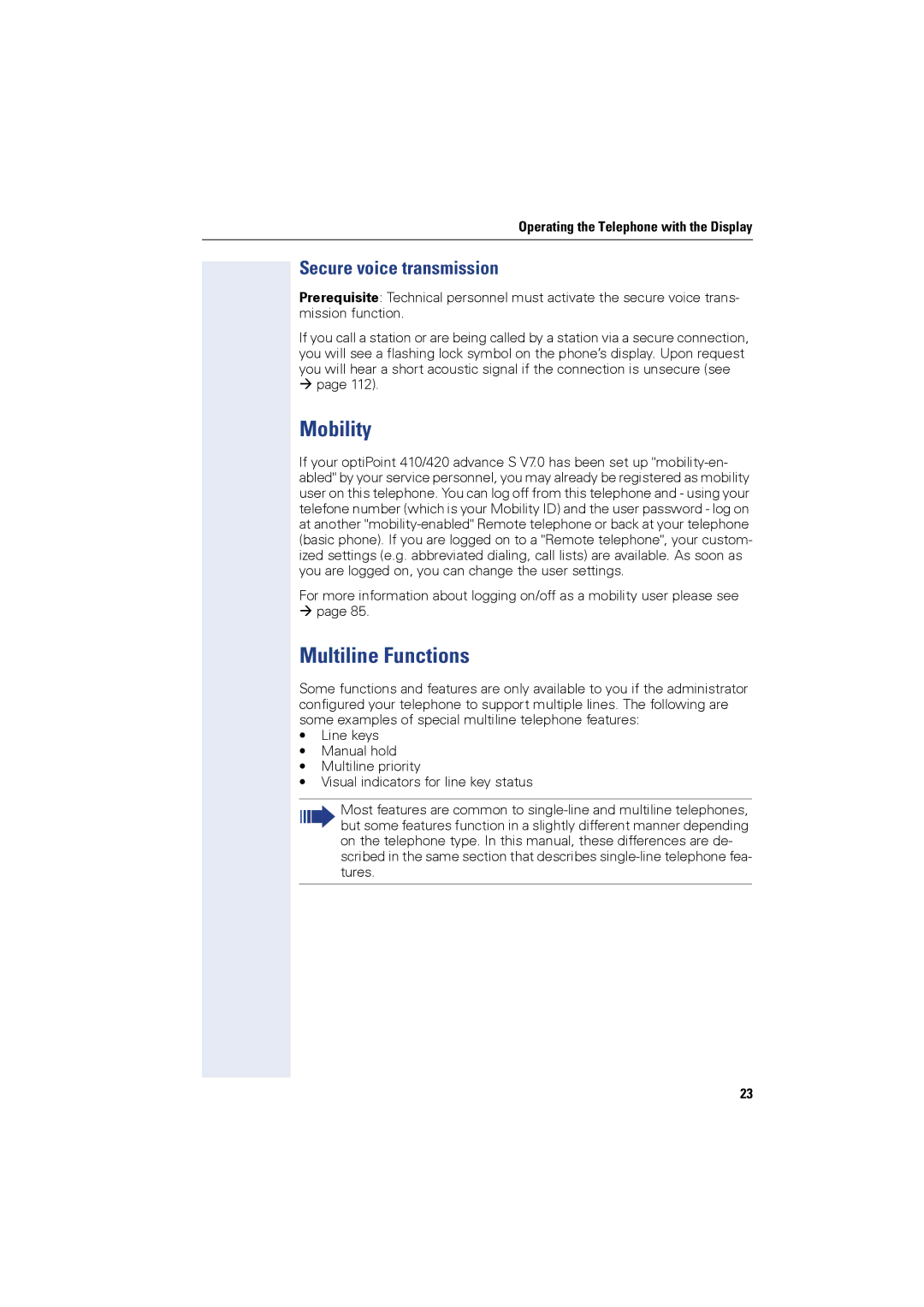 Siemens OPTIPOINT410, OPTIPOINT420 user manual Mobility, Multiline Functions 