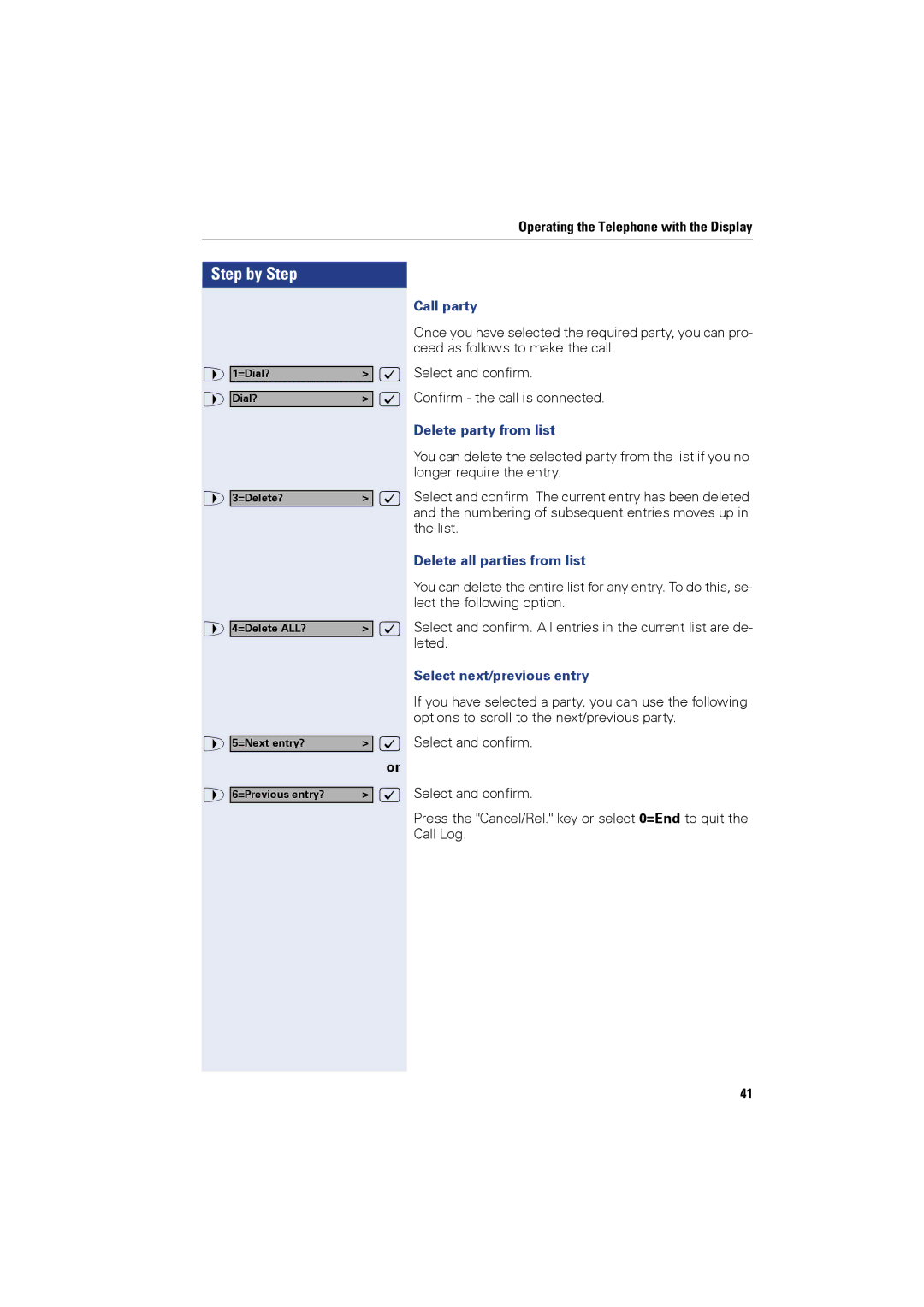 Siemens OPTIPOINT410 Call party, Delete party from list, Delete all parties from list, Select next/previous entry 