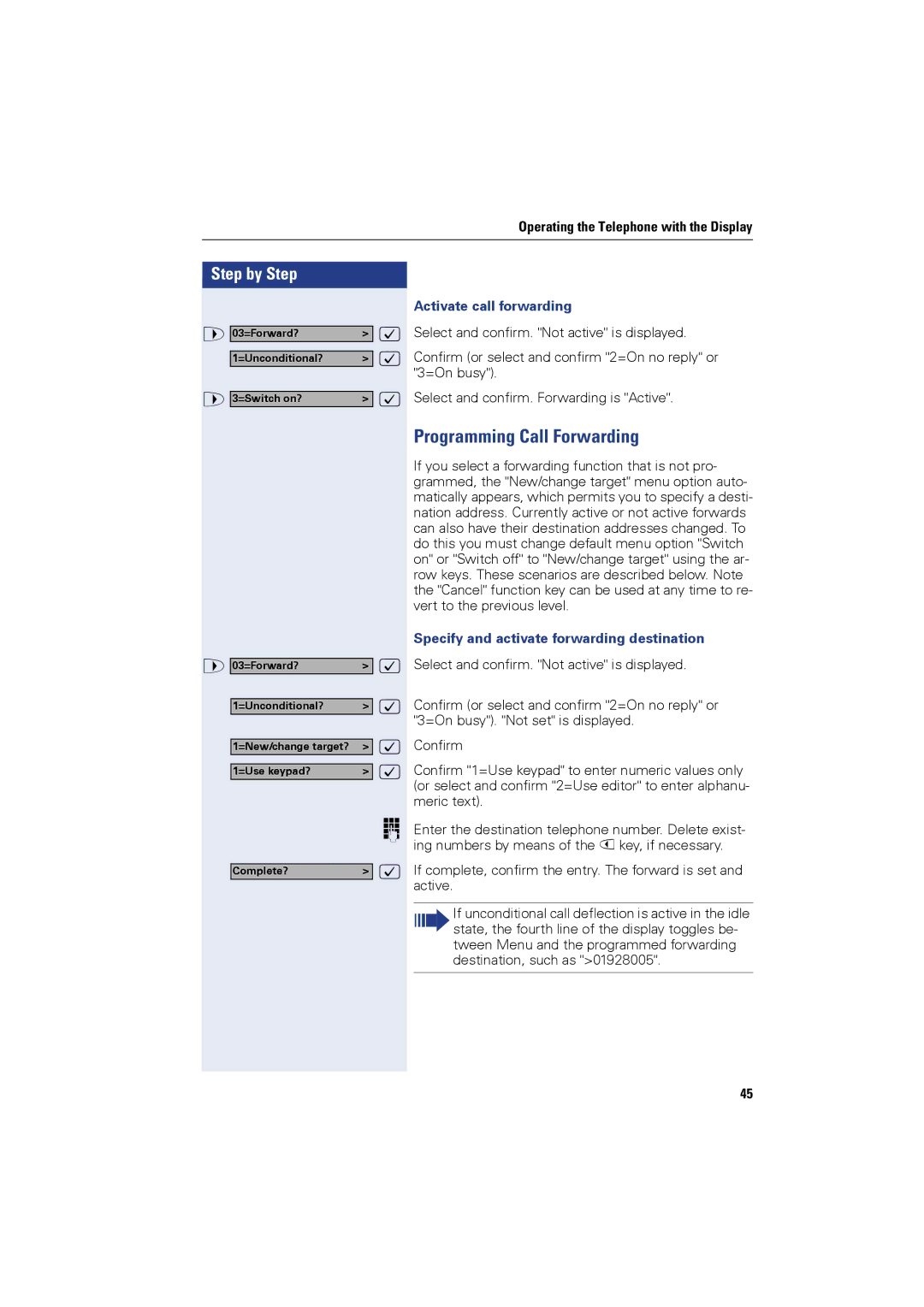 Siemens OPTIPOINT410 Programming Call Forwarding, Activate call forwarding, Specify and activate forwarding destination 