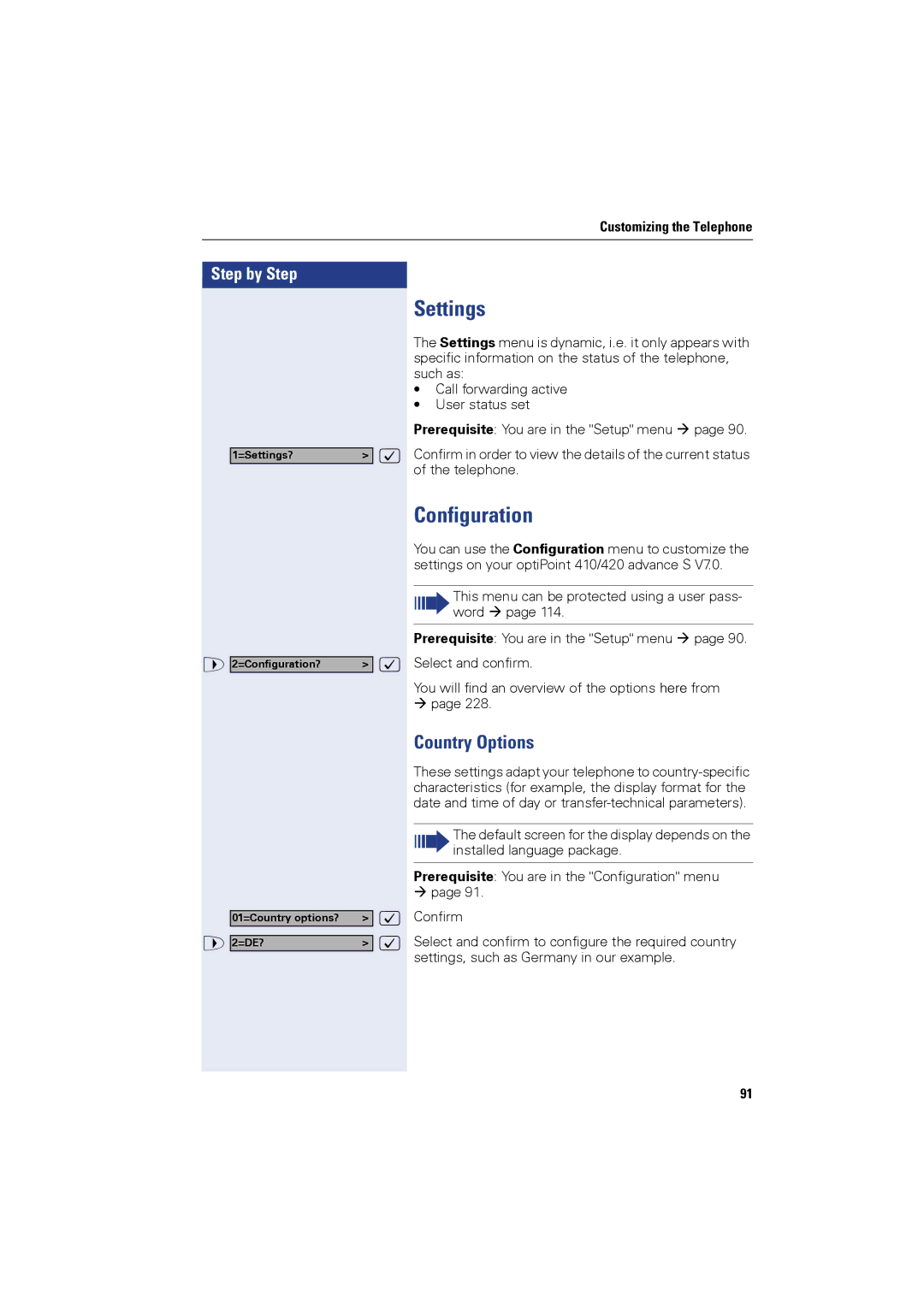 Siemens OPTIPOINT410, OPTIPOINT420 user manual Settings, Configuration, Country Options 