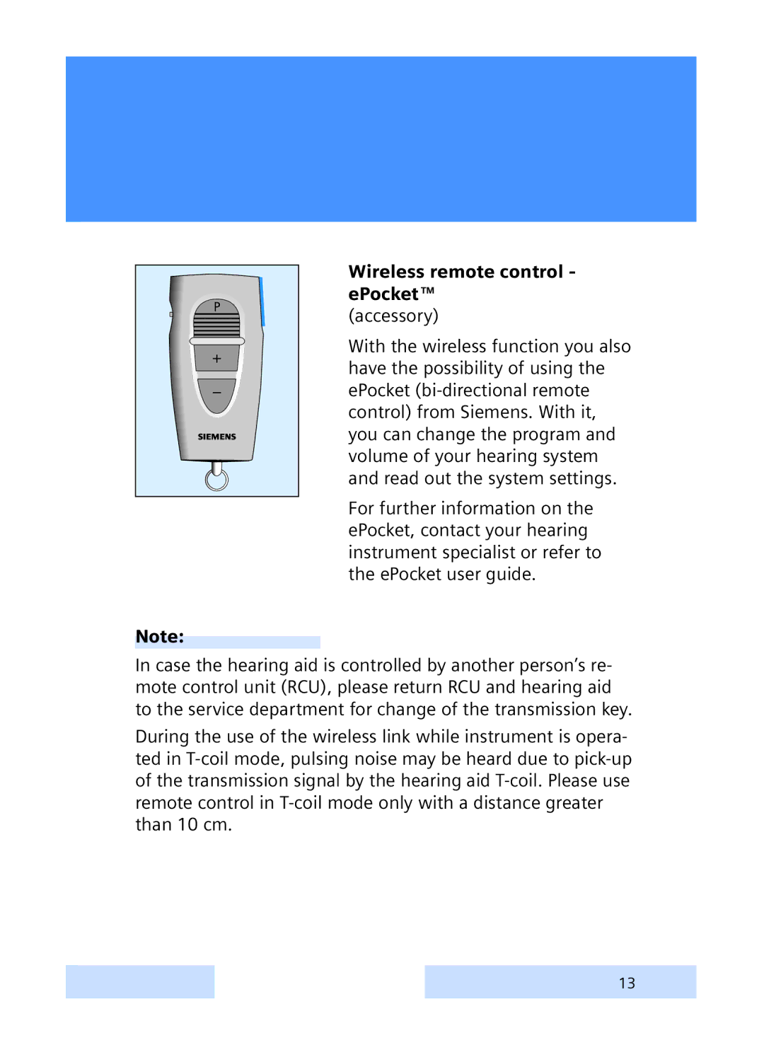 Siemens S manual Wireless remote control ePocket TM 