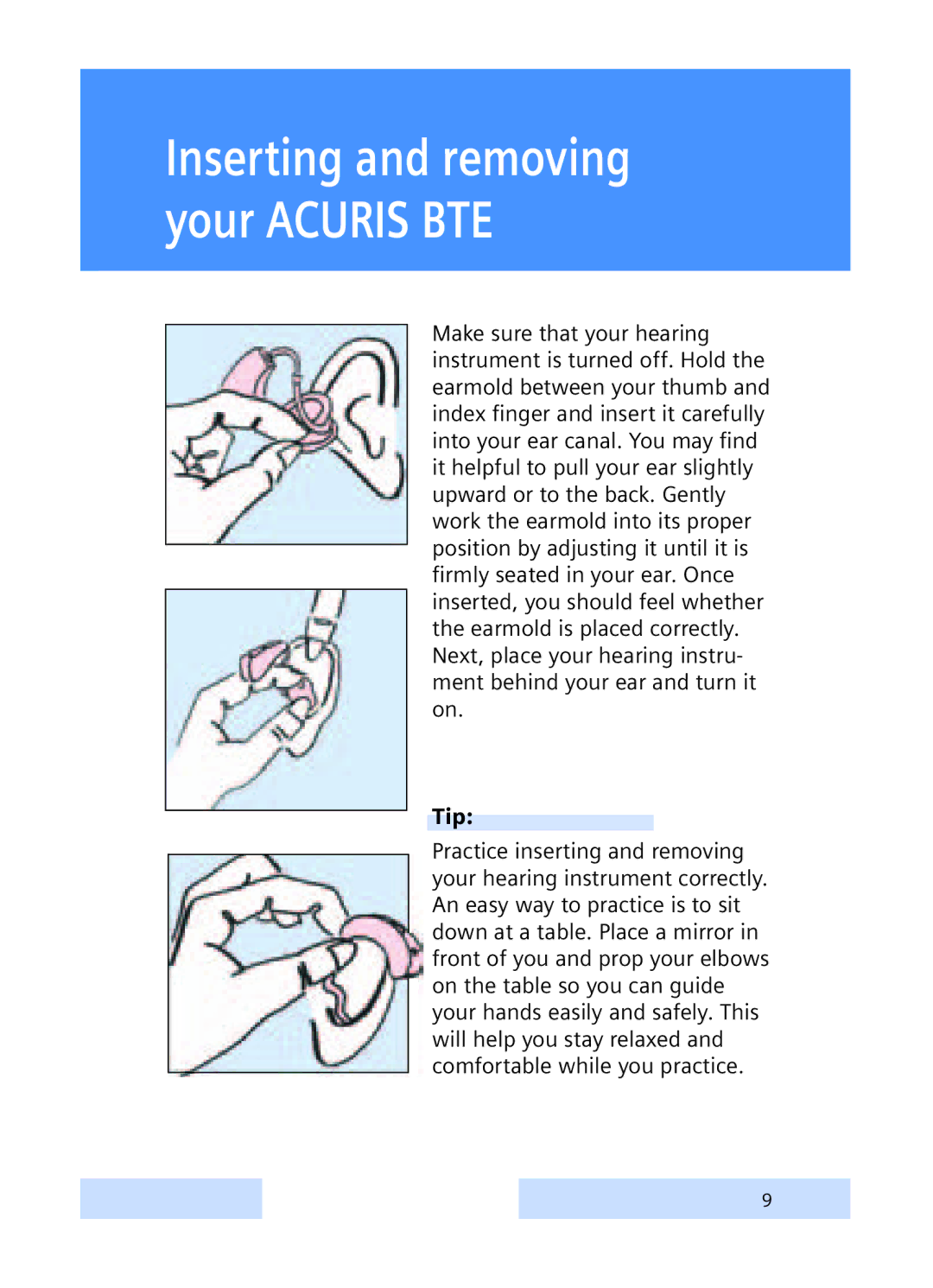 Siemens S, P manual Inserting and removing your Acuris BTE, Tip 