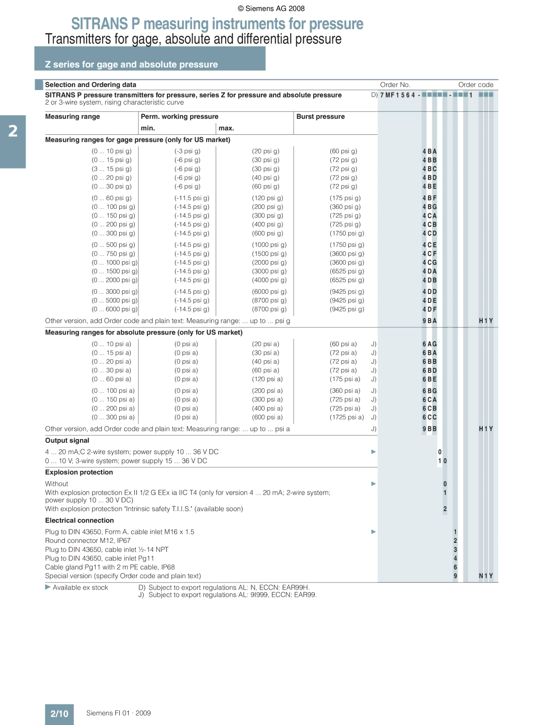 Siemens P Measuring ranges for absolute pressure only for US market, Output signal, Explosion protection 