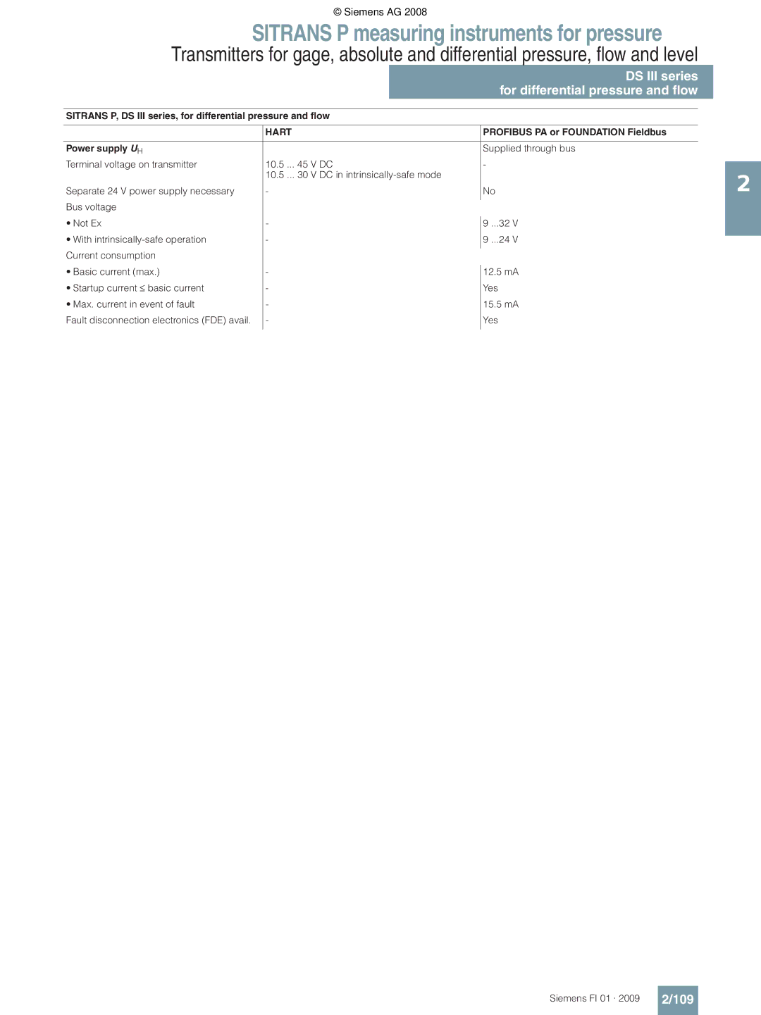 Siemens technical specifications 109, Profibus PA or Foundation Fieldbus Power supply UH 