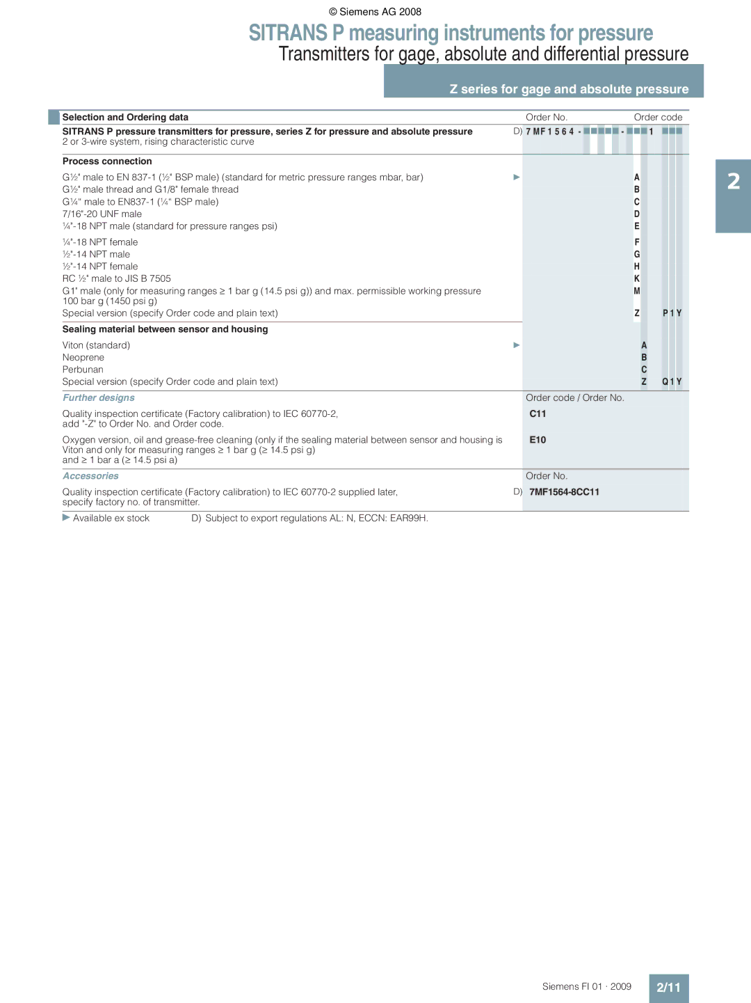 Siemens technical specifications Process connection, Sealing material between sensor and housing, E10, 7MF1564-8CC11 