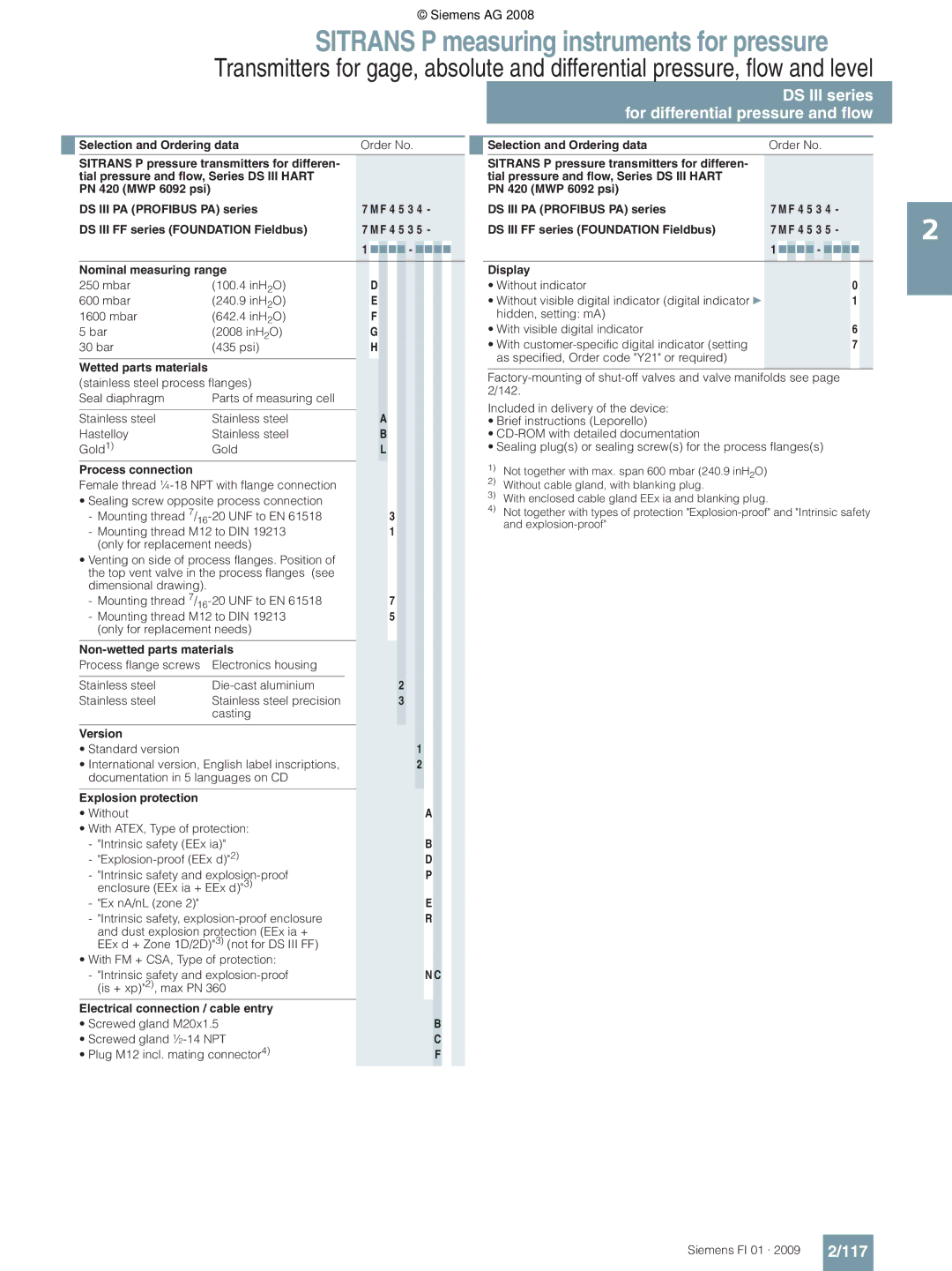 Siemens P technical specifications 117, Nominal measuring range 