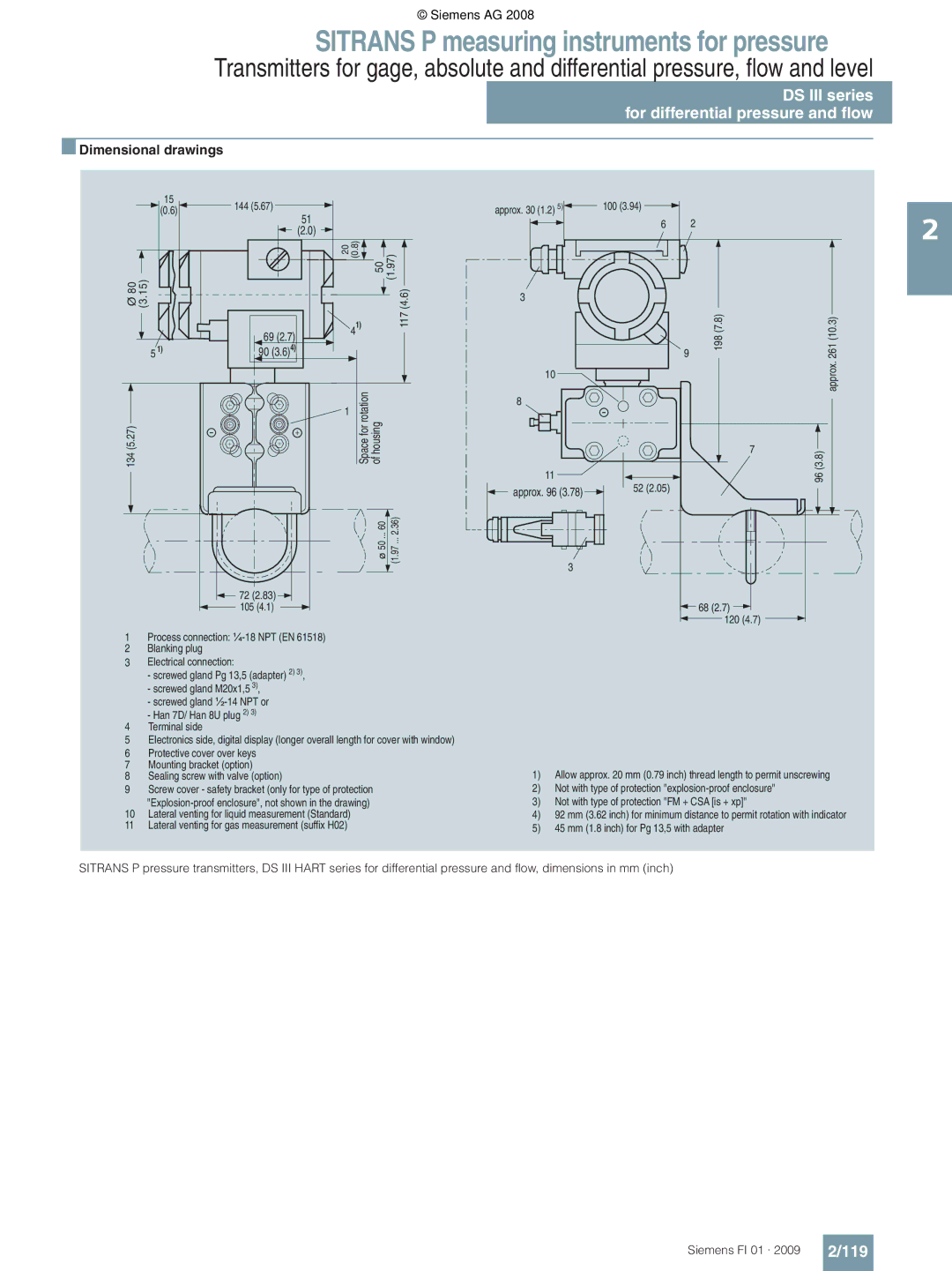 Siemens P technical specifications 119, Dimensional drawings 