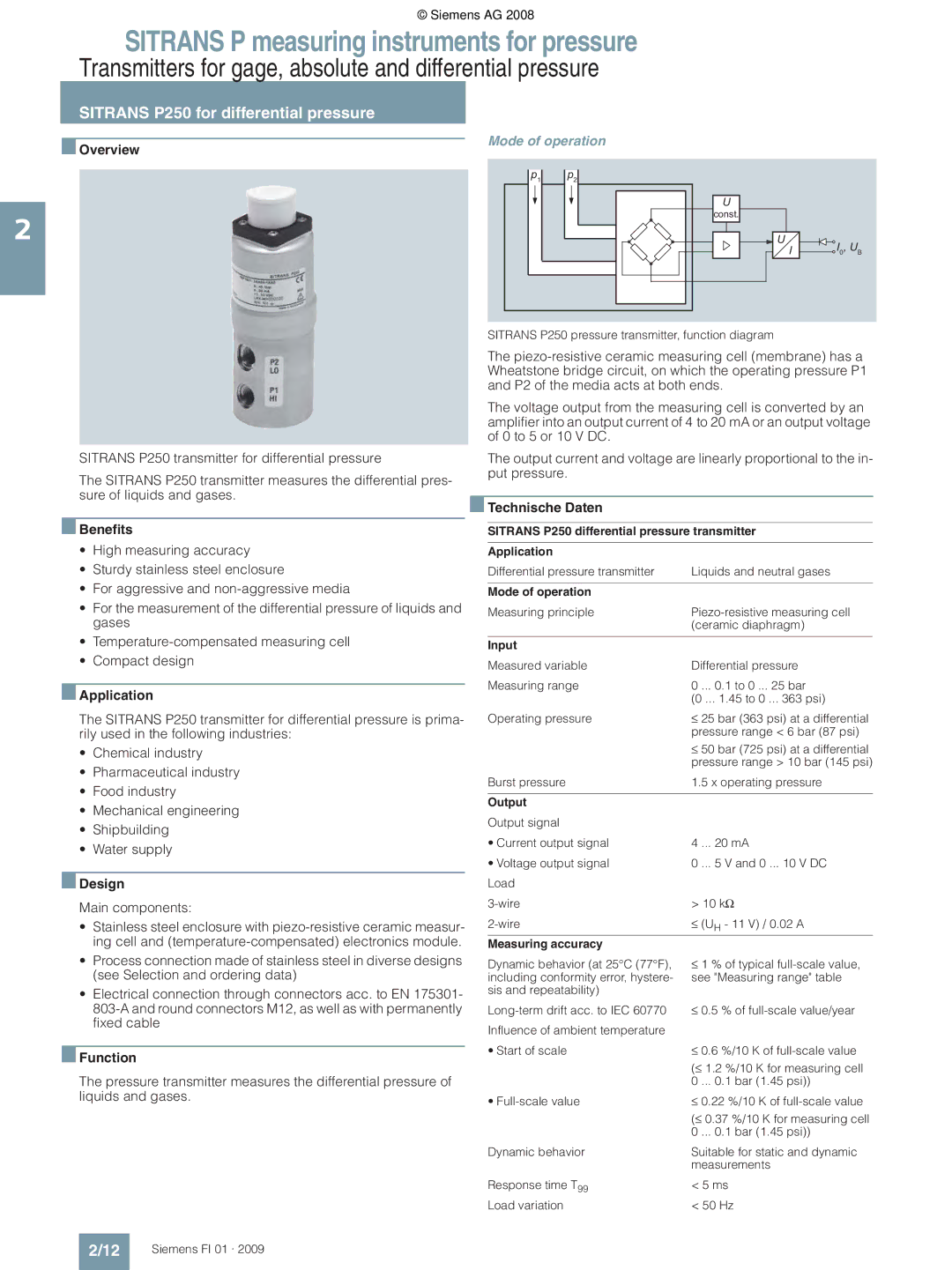 Siemens technical specifications Sitrans P250 for differential pressure, Technische Daten 