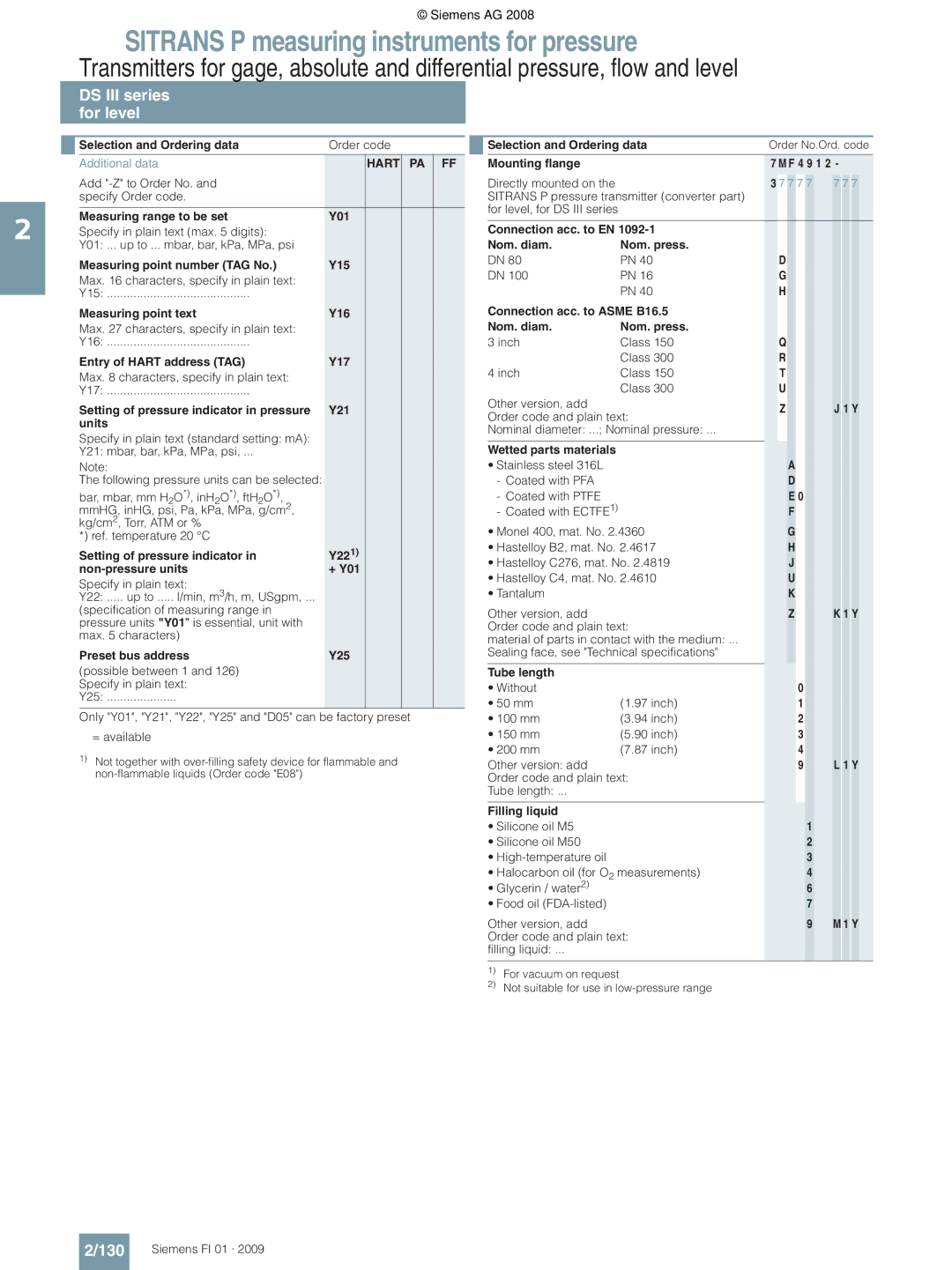 Siemens P technical specifications 130, Y221 Non-pressure units + Y01, Mounting flange F 4 9 1, Tube length 