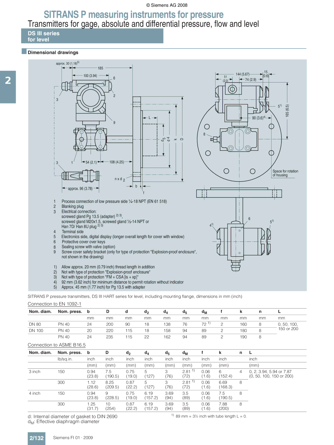 Siemens P technical specifications 132, Nom. diam Nom. press, 200 138 160 150 or 220 115 158 180 235 162 190 