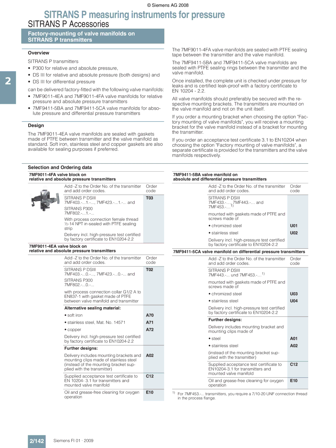 Siemens P technical specifications 142, Selection and Ordering data 