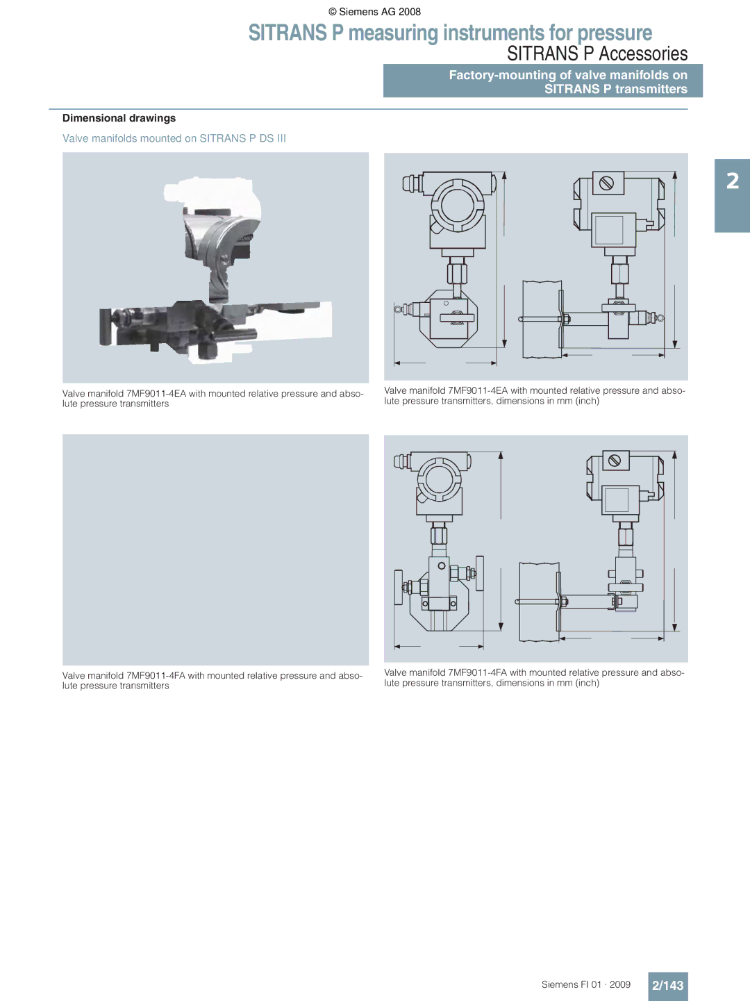 Siemens technical specifications 143, Valve manifolds mounted on Sitrans P DS 