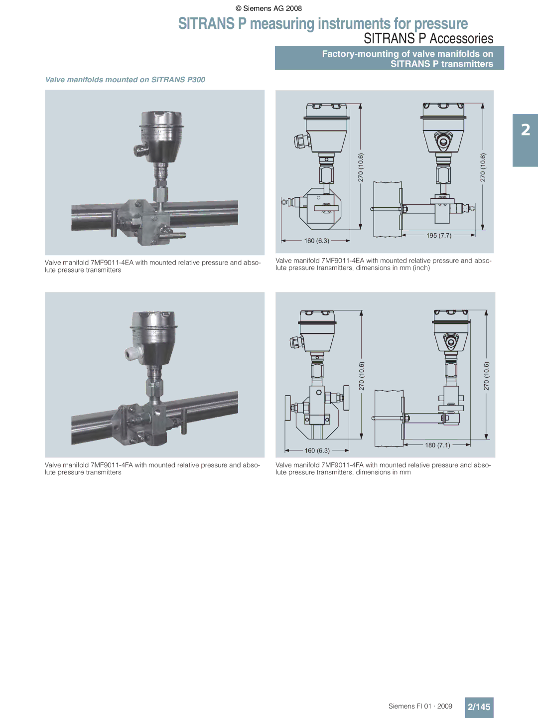 Siemens technical specifications 145, Valve manifolds mounted on Sitrans P300 