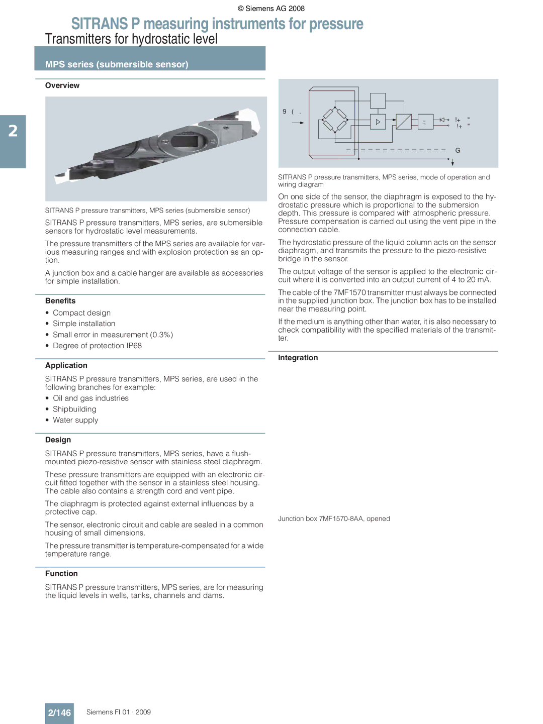 Siemens technical specifications Transmitters for hydrostatic level, MPS series submersible sensor, 146, Integration 