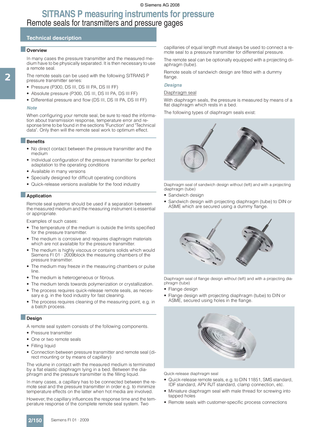 Siemens P Remote seals for transmitters and pressure gages, 150, Designs, Quick-release diaphragm seal 