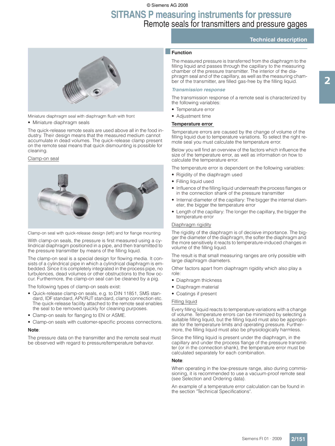 Siemens P 151, Transmission response, Temperature error, Miniature diaphragm seal with diaphragm flush with front 