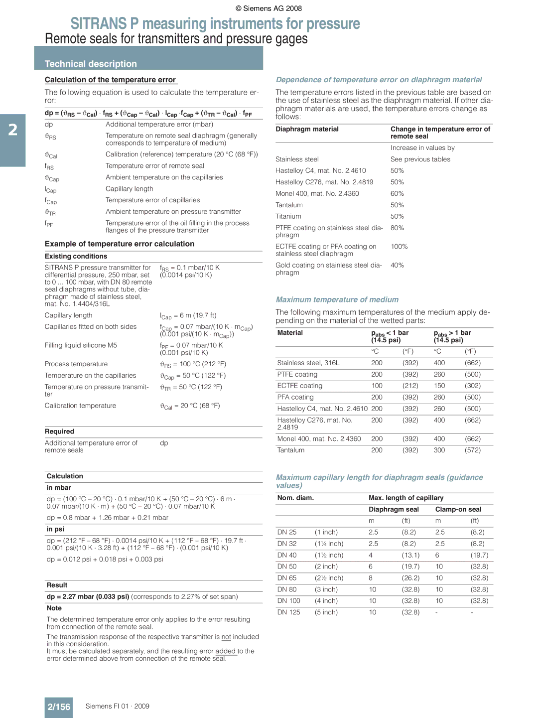 Siemens P technical specifications 156, Calculation of the temperature error, Example of temperature error calculation 