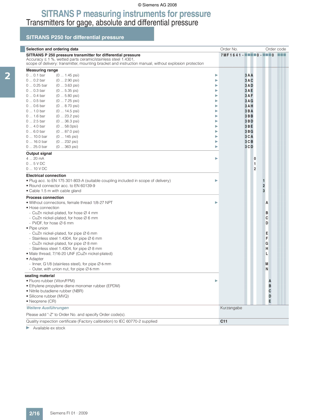 Siemens P Accuracy ≤ 1 %, wetted parts ceramic/stainless steel, Sealing material, Available ex stock Siemens FI 01 · 