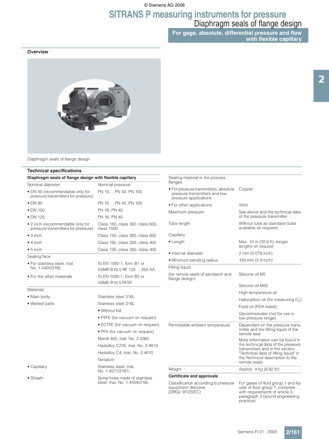 Siemens P technical specifications 161, Diaphragm seals of flange design with flexible capillary 