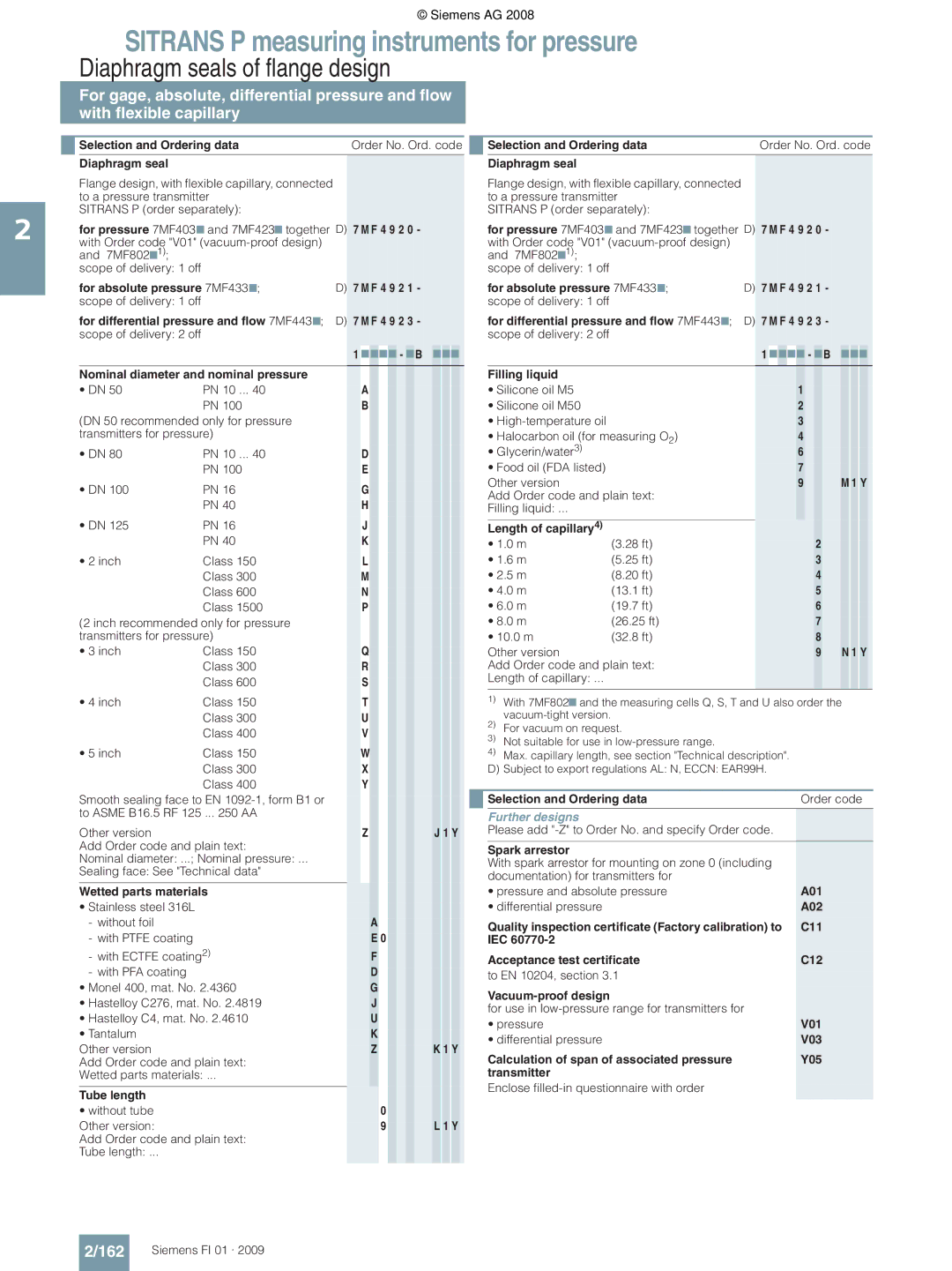 Siemens technical specifications 162, To a pressure transmitter Sitrans P order separately, Length of capillary4 