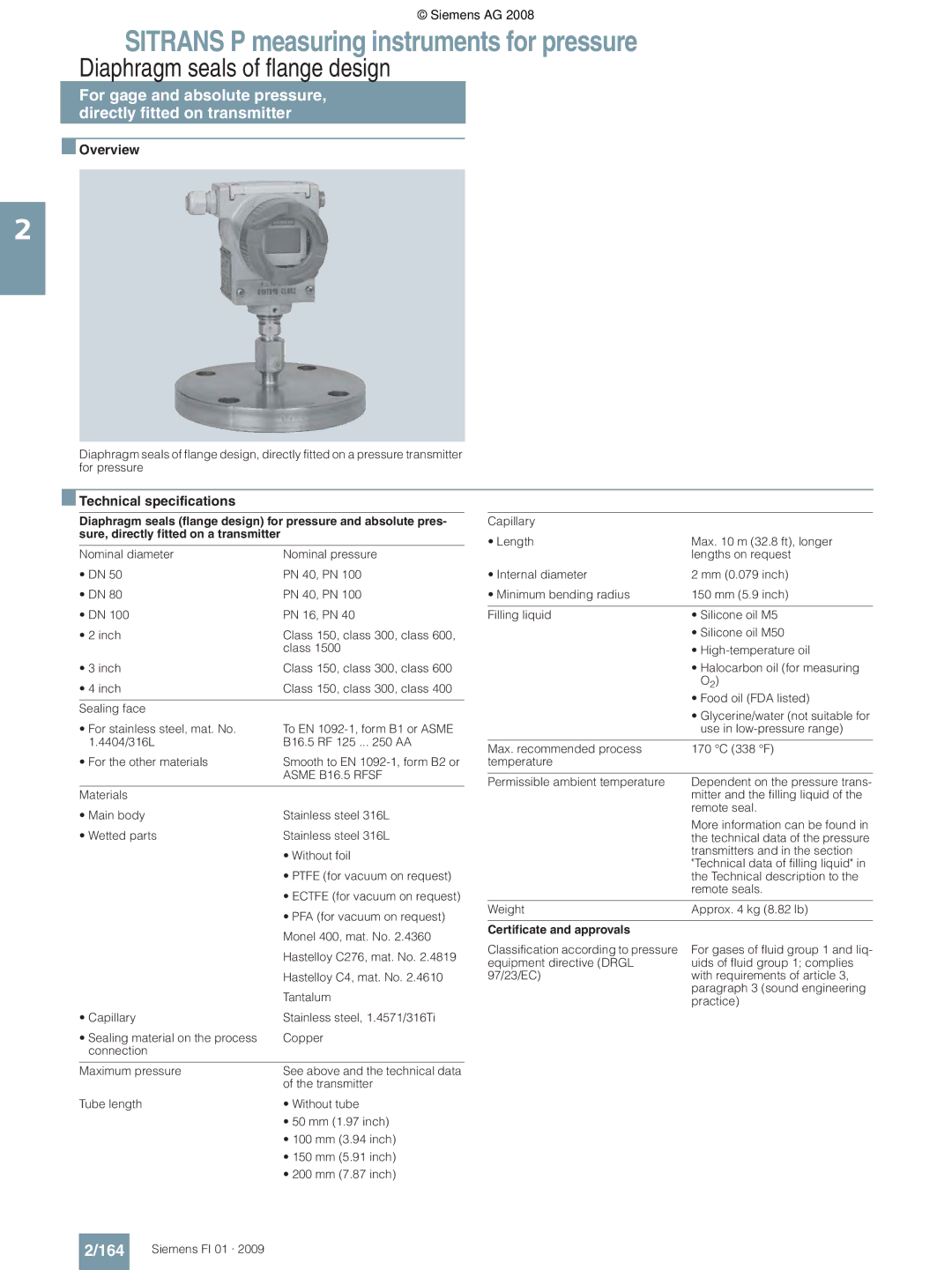 Siemens P technical specifications 164, 4404/316L B16.5 RF 125 .. AA For the other materials 