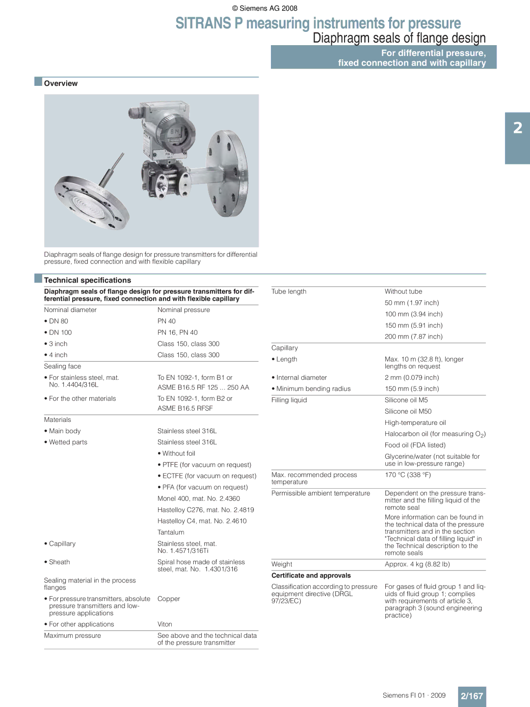 Siemens technical specifications 167, Pressure transmitter 