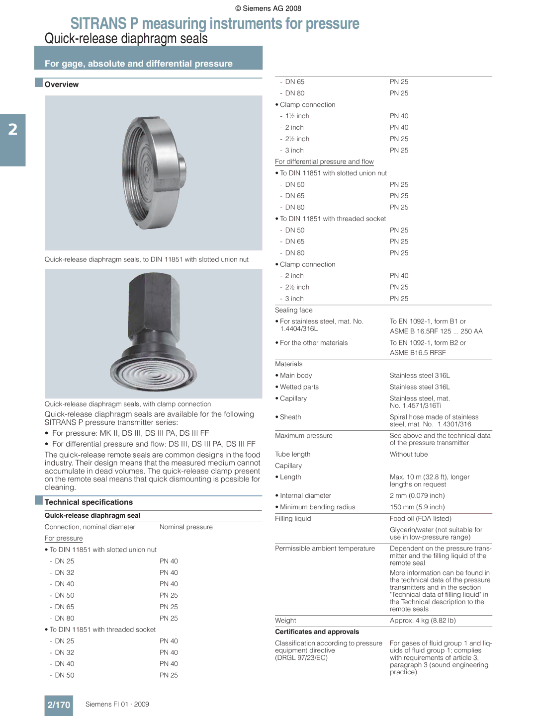 Siemens P Quick-release diaphragm seals, For gage, absolute and differential pressure, 170, Certificates and approvals 