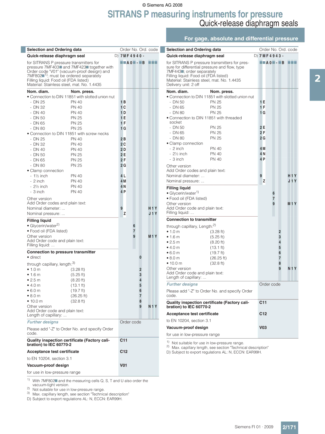 Siemens P 171, Connection to pressure transmitter, Connection to transmitter, Vacuum-proof design V03 