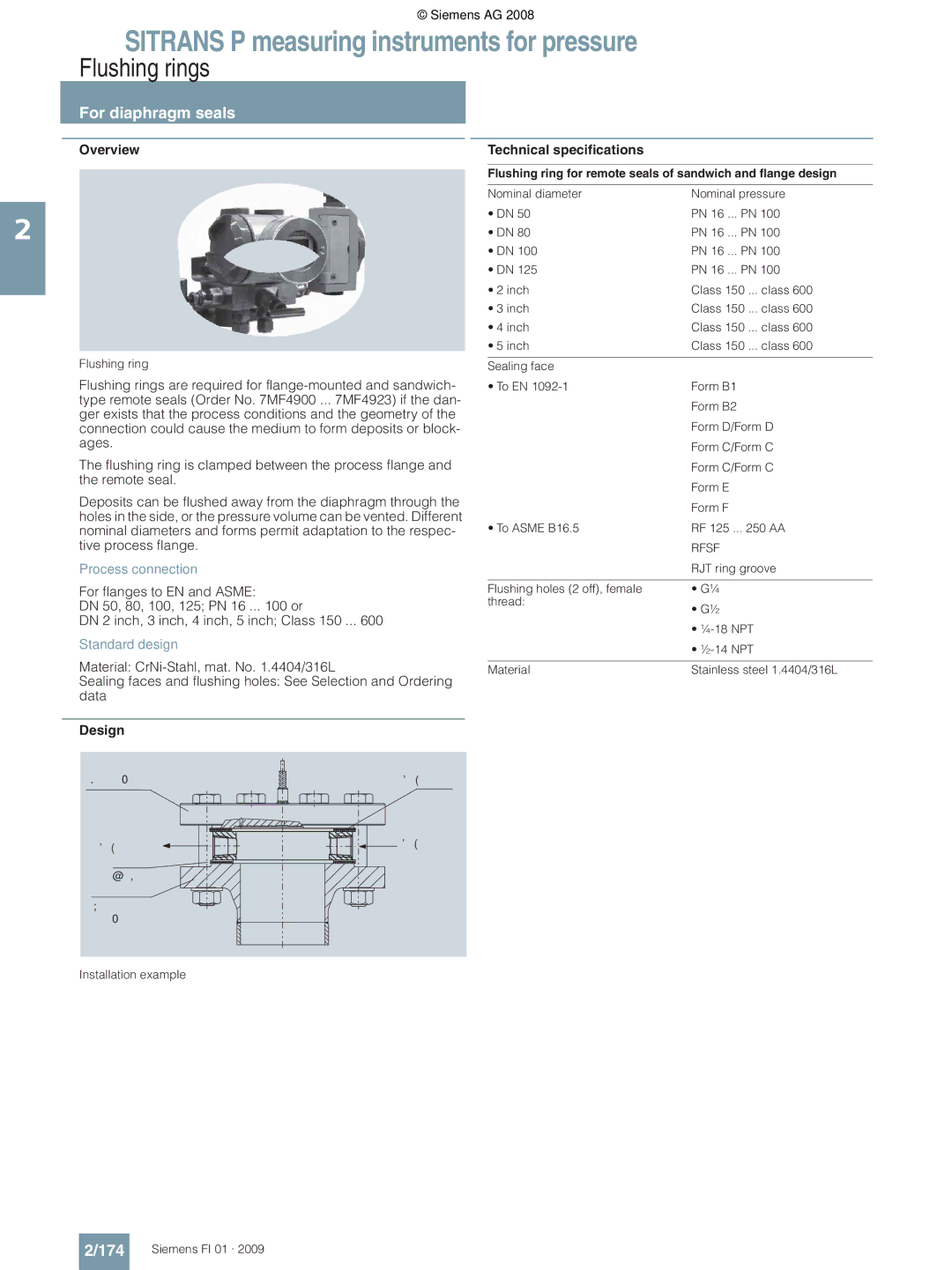 Siemens technical specifications Flushing rings, For diaphragm seals, 174, Process connection, Standard design 