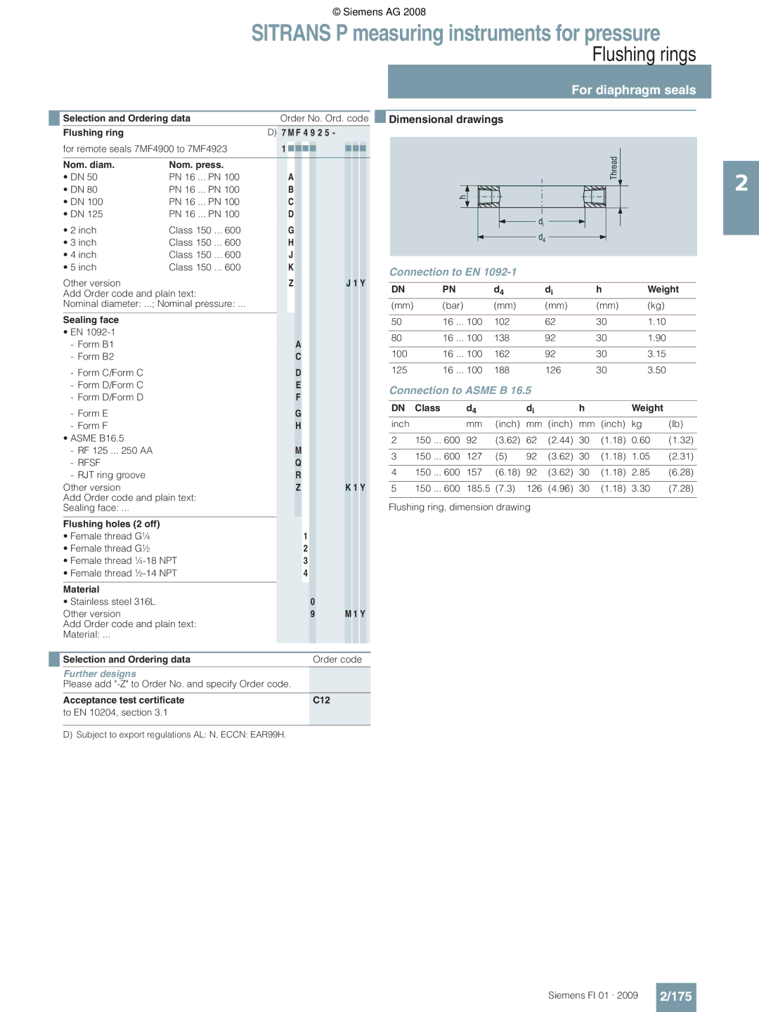 Siemens P technical specifications 175, Connection to Asme B 