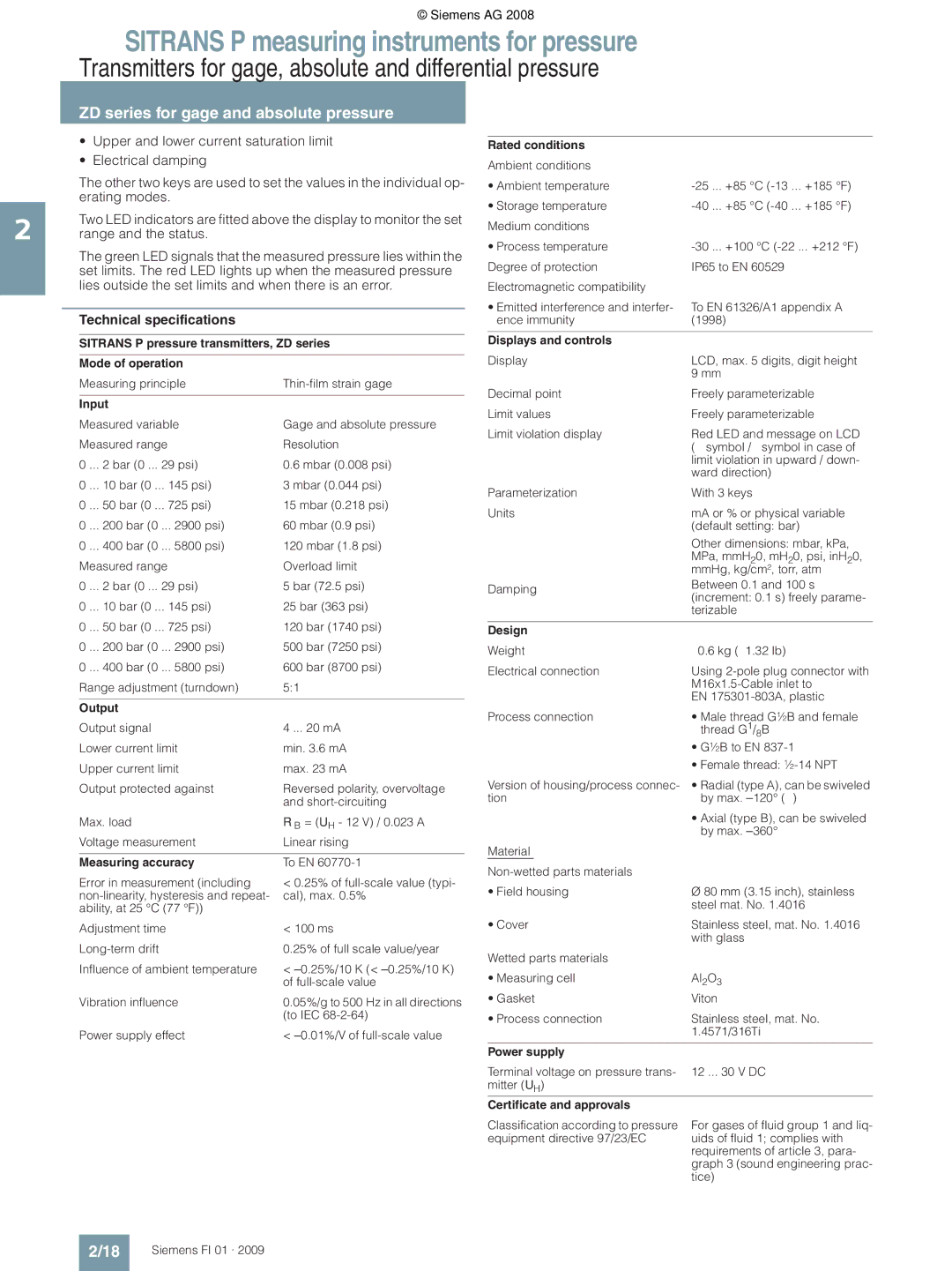 Siemens technical specifications Displays and controls, Power supply 