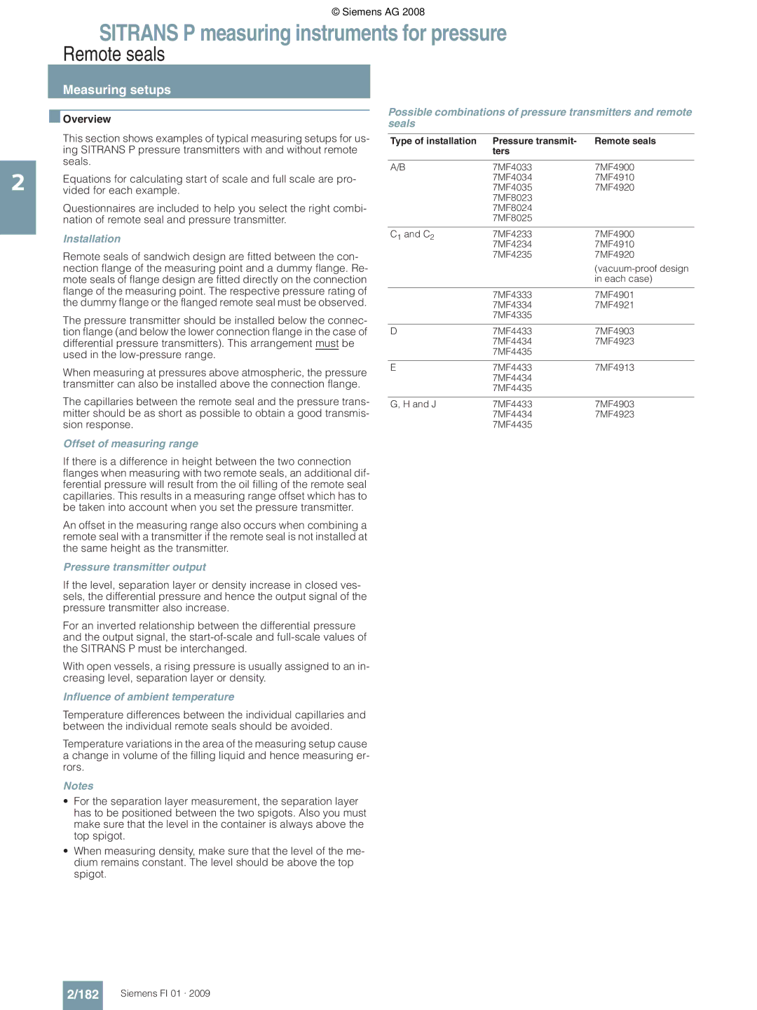 Siemens P technical specifications Remote seals, Measuring setups, 182 