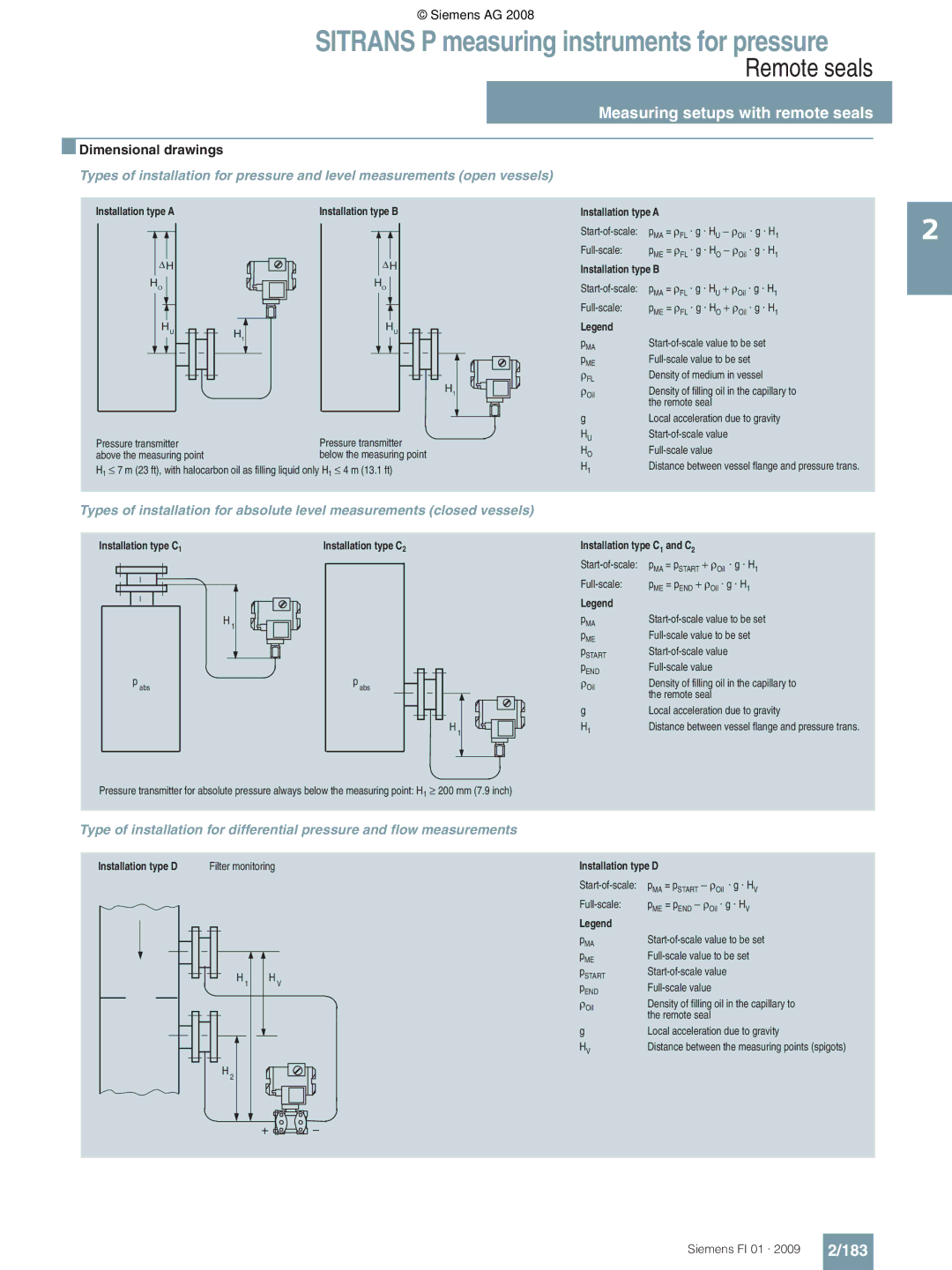 Siemens P technical specifications Measuring setups with remote seals, 183 