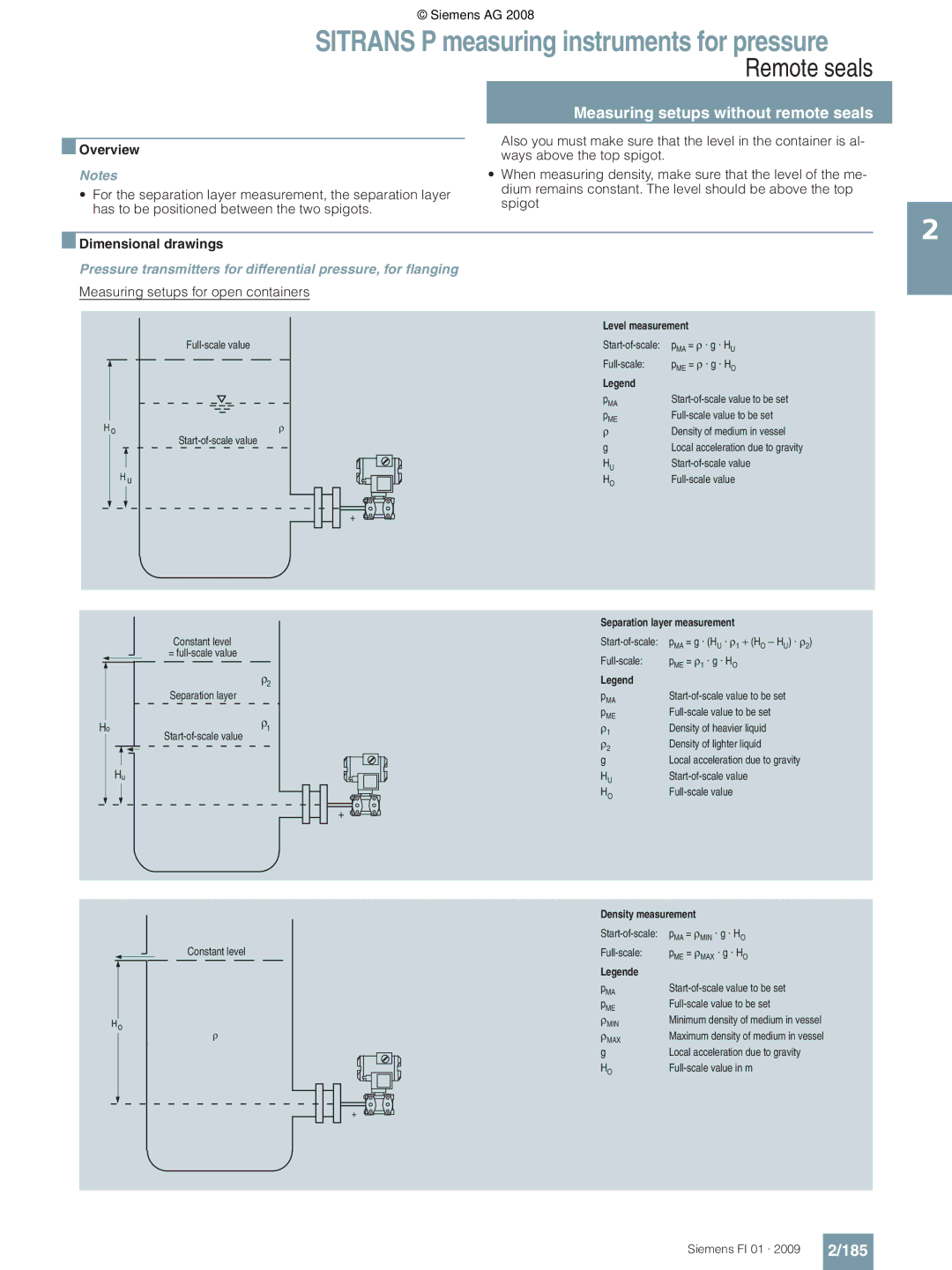 Siemens P technical specifications Measuring setups without remote seals, 185 