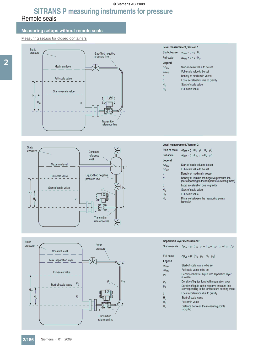 Siemens P technical specifications 186, Measuring setups for closed containers 