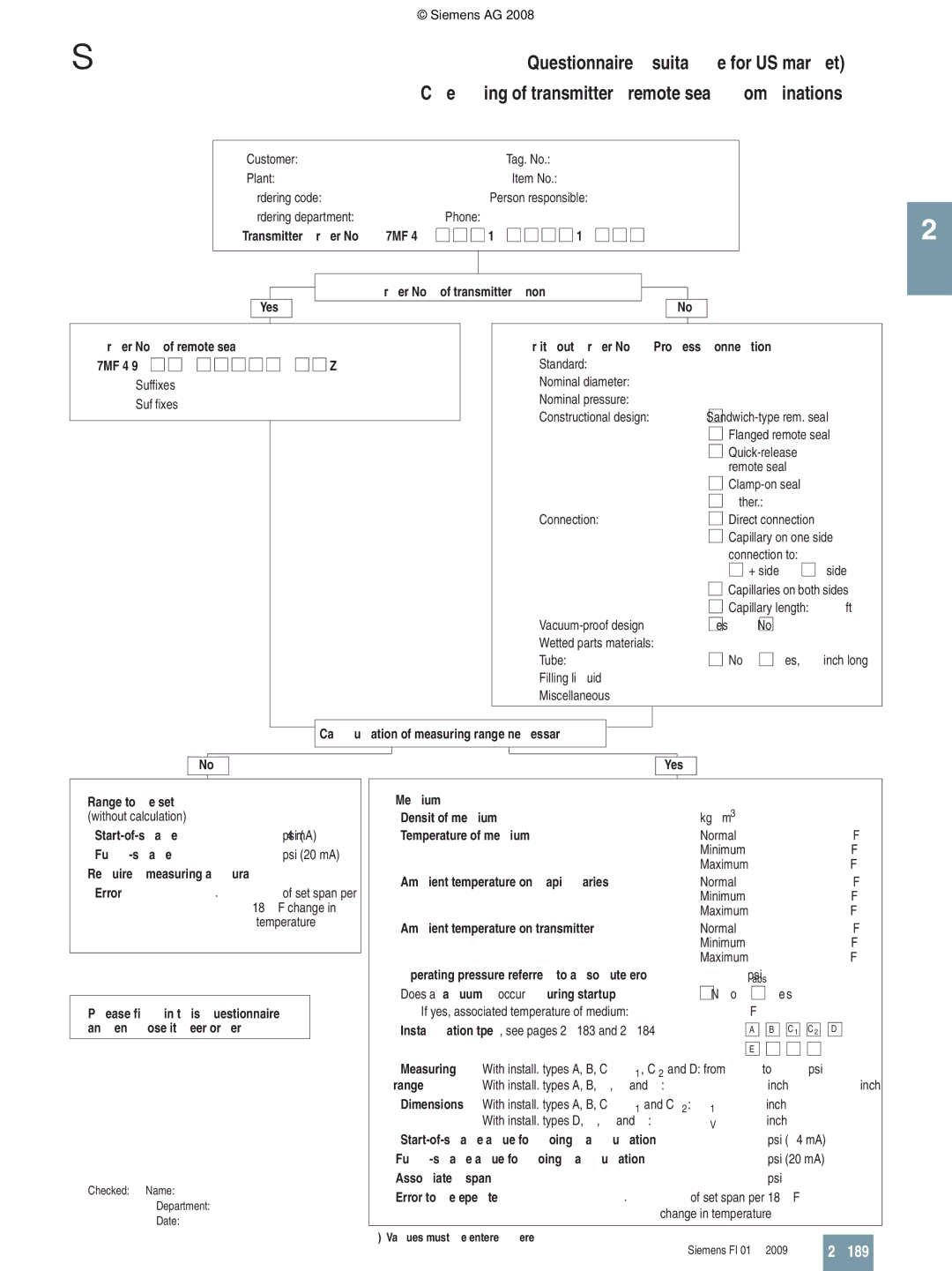 Siemens P technical specifications 189, Range, Values must be entered here Siemens FI 01 · 