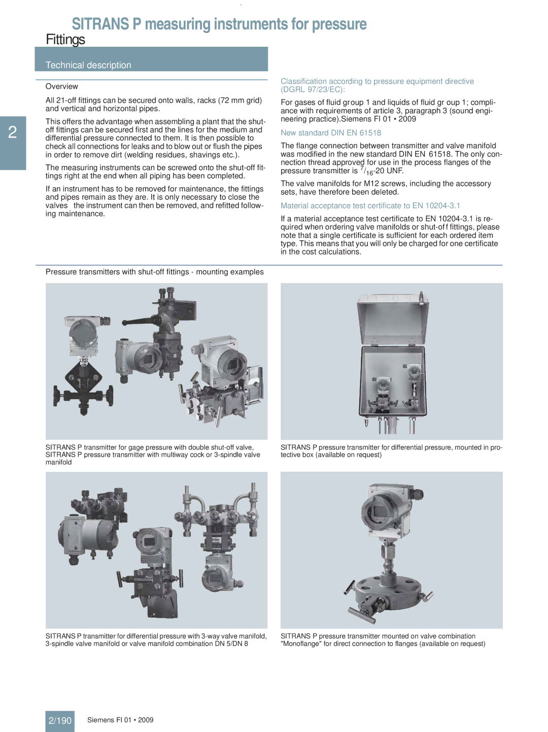 Siemens P technical specifications Fittings, 190, New standard DIN EN, Material acceptance test certificate to EN 