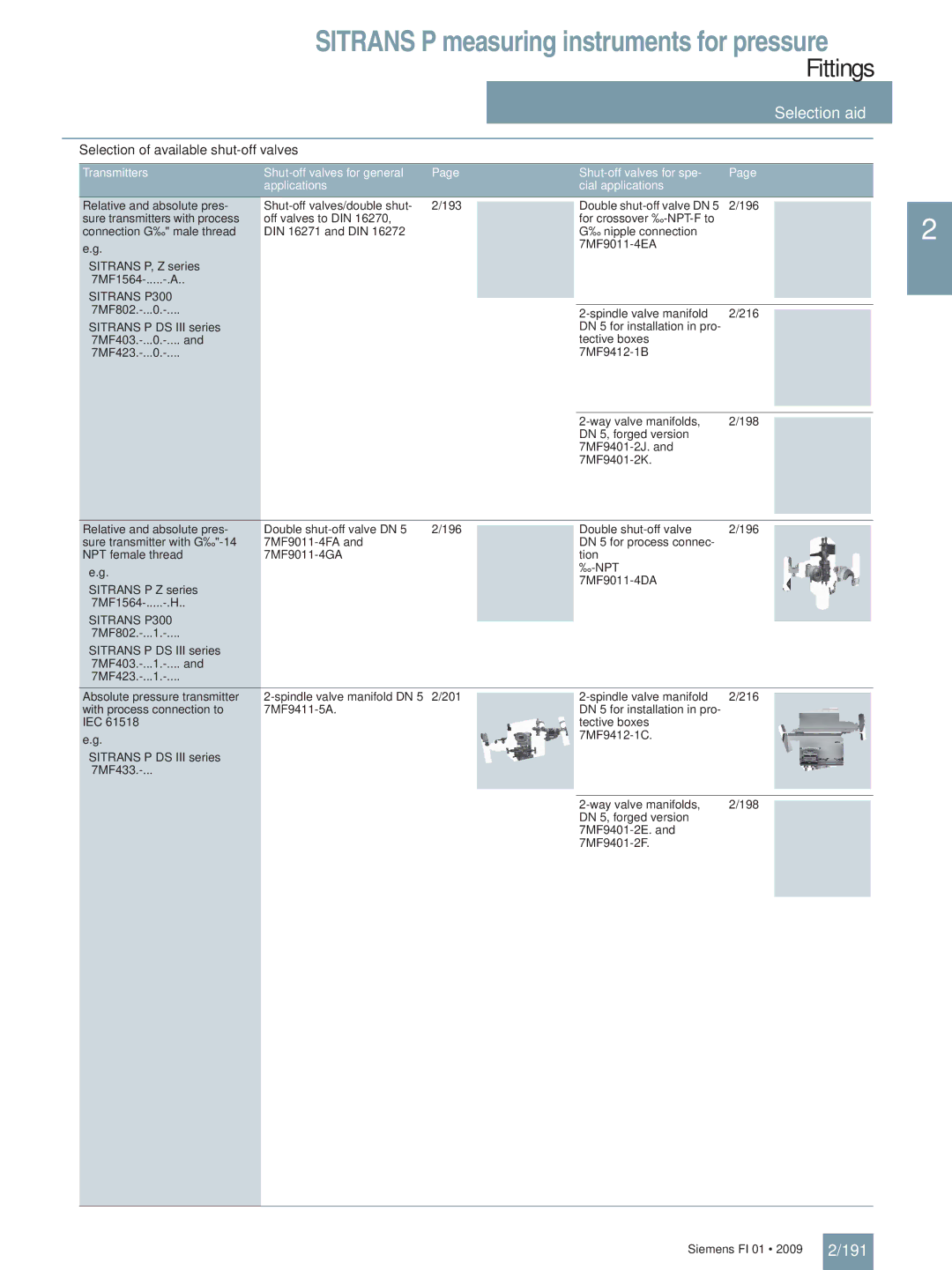 Siemens P technical specifications Selection aid, 191, Selection of available shut-off valves 