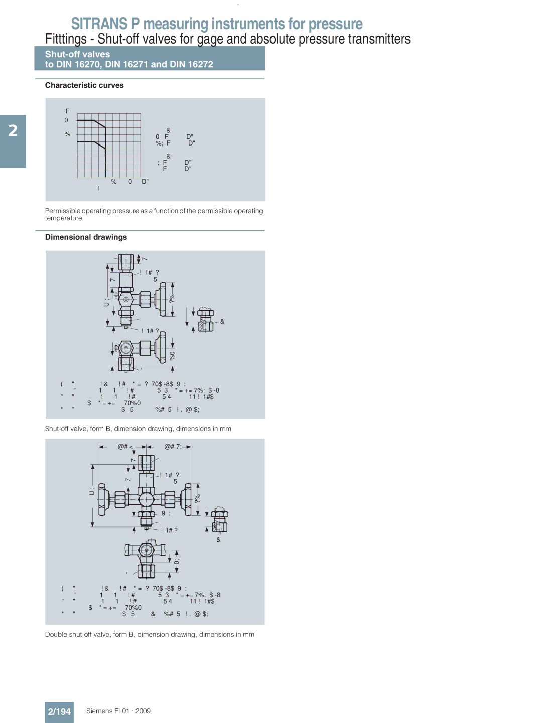 Siemens P technical specifications 194, Characteristic curves, Shut-off valve, form B, dimension drawing, dimensions in mm 