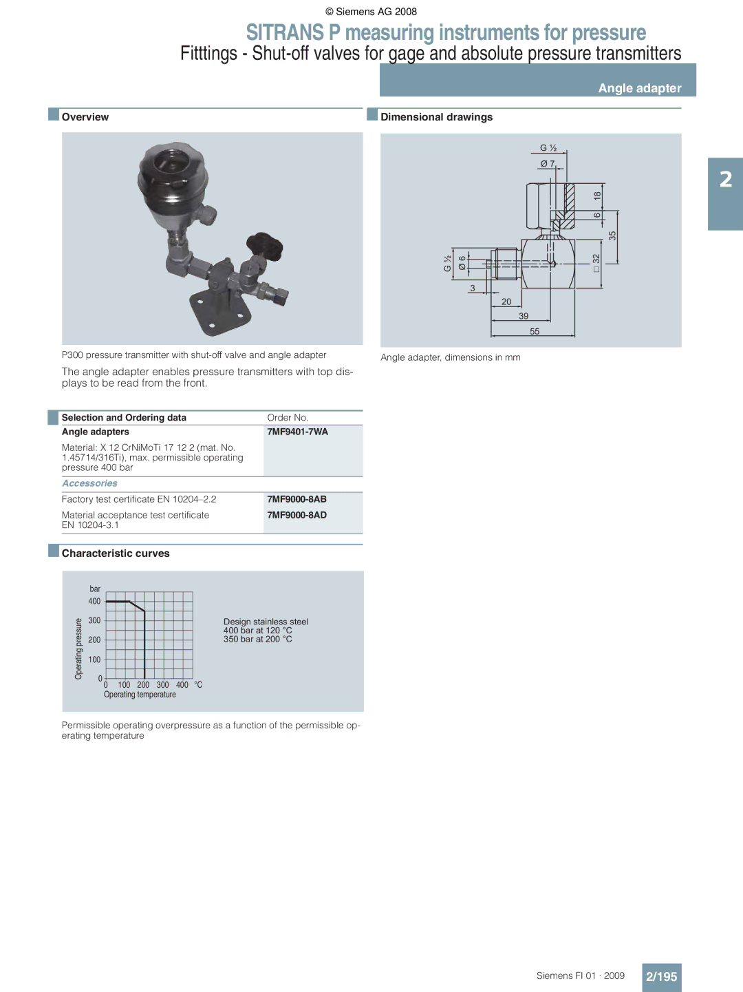 Siemens P technical specifications 195, Overview Dimensional drawings, Angle adapters 7MF9401-7WA 