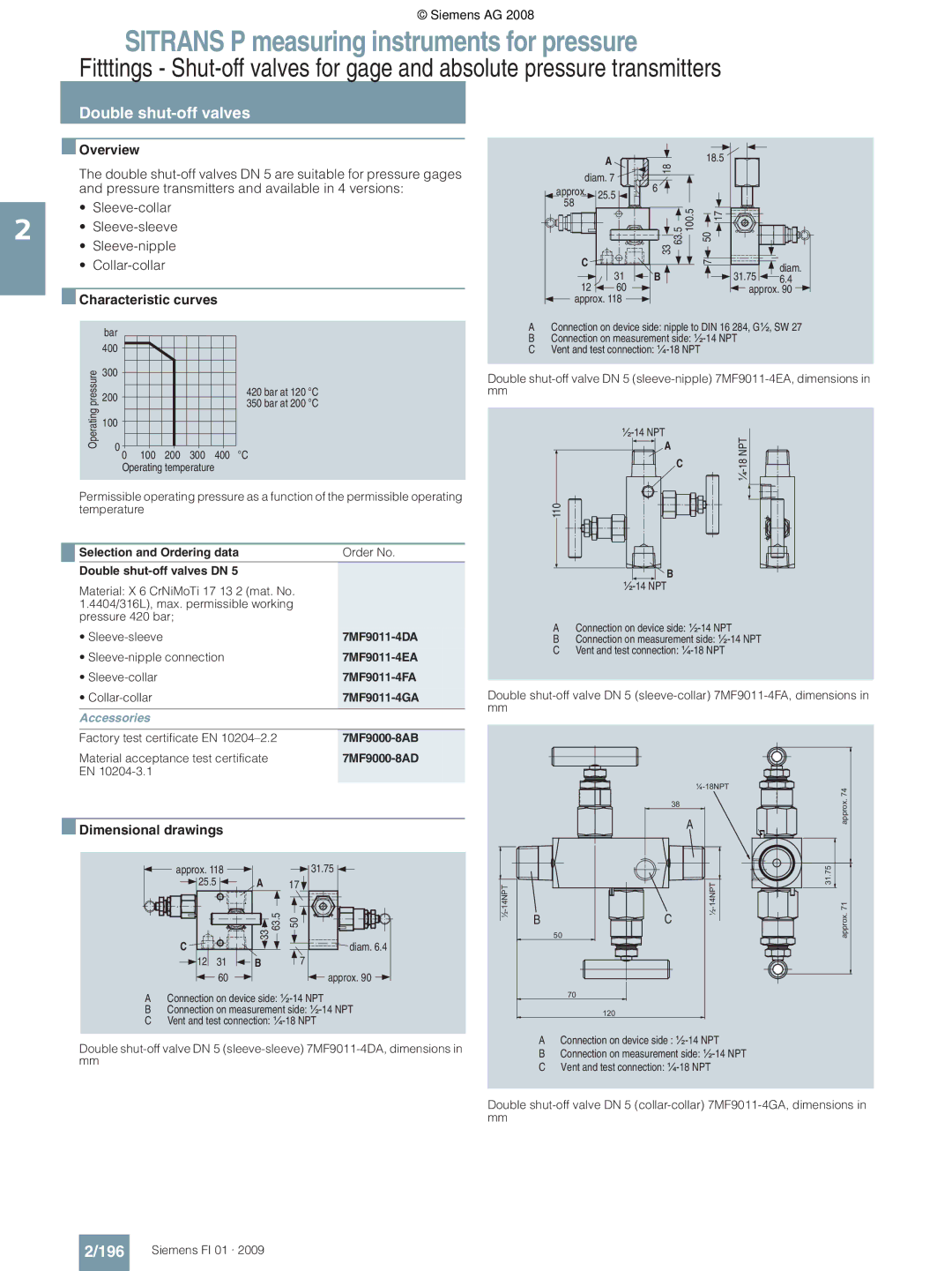 Siemens P technical specifications Double shut-off valves, 196 