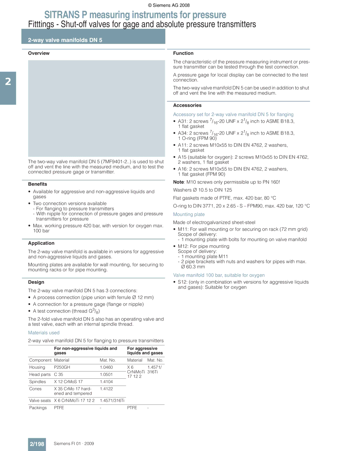 Siemens P technical specifications Way valve manifolds DN, 198 