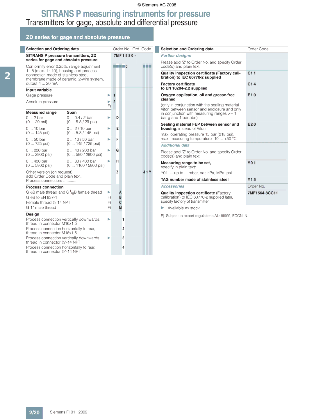 Siemens P technical specifications Series for gage and absolute pressure, Input variable, Measured range Span, Order No 