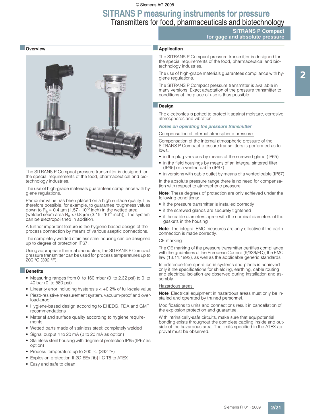 Siemens technical specifications Sitrans P Compact For gage and absolute pressure, Overview Application 