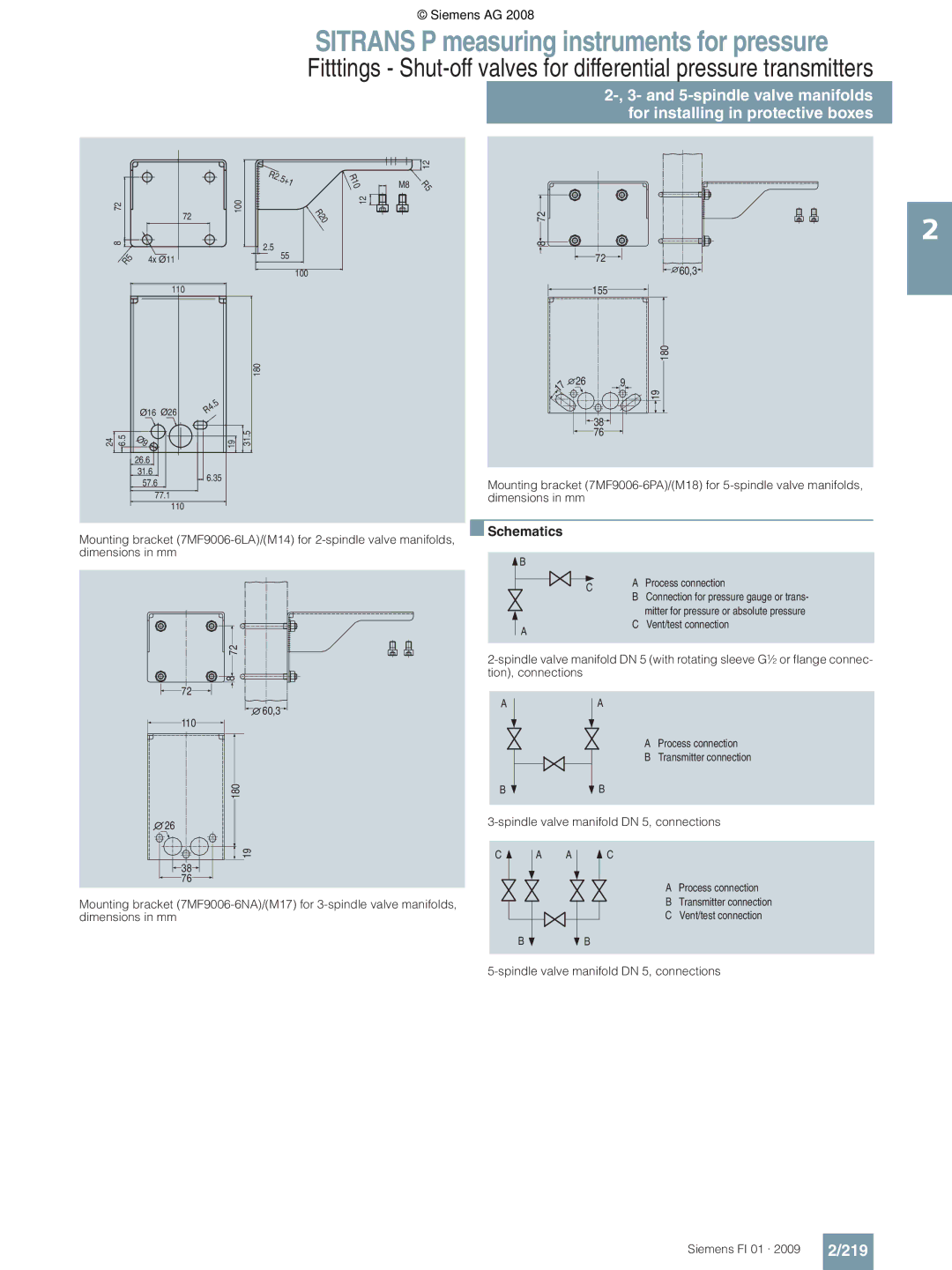 Siemens P technical specifications 219, Spindle valve manifold DN 5, connections Siemens FI 01 · 