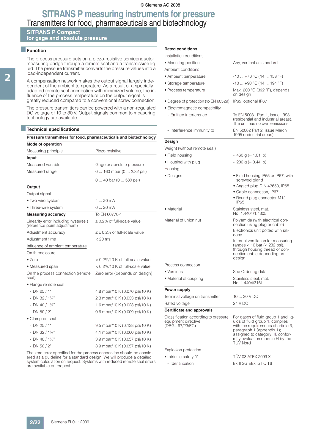 Siemens P technical specifications Transmitters for food, pharmaceuticals and biotechnology 