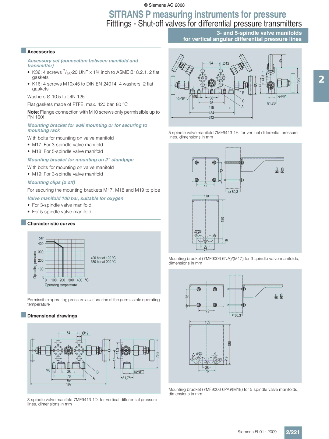 Siemens P 221, Accessory set connection between manifold and transmitter, Mounting bracket for mounting on 2 standpipe 