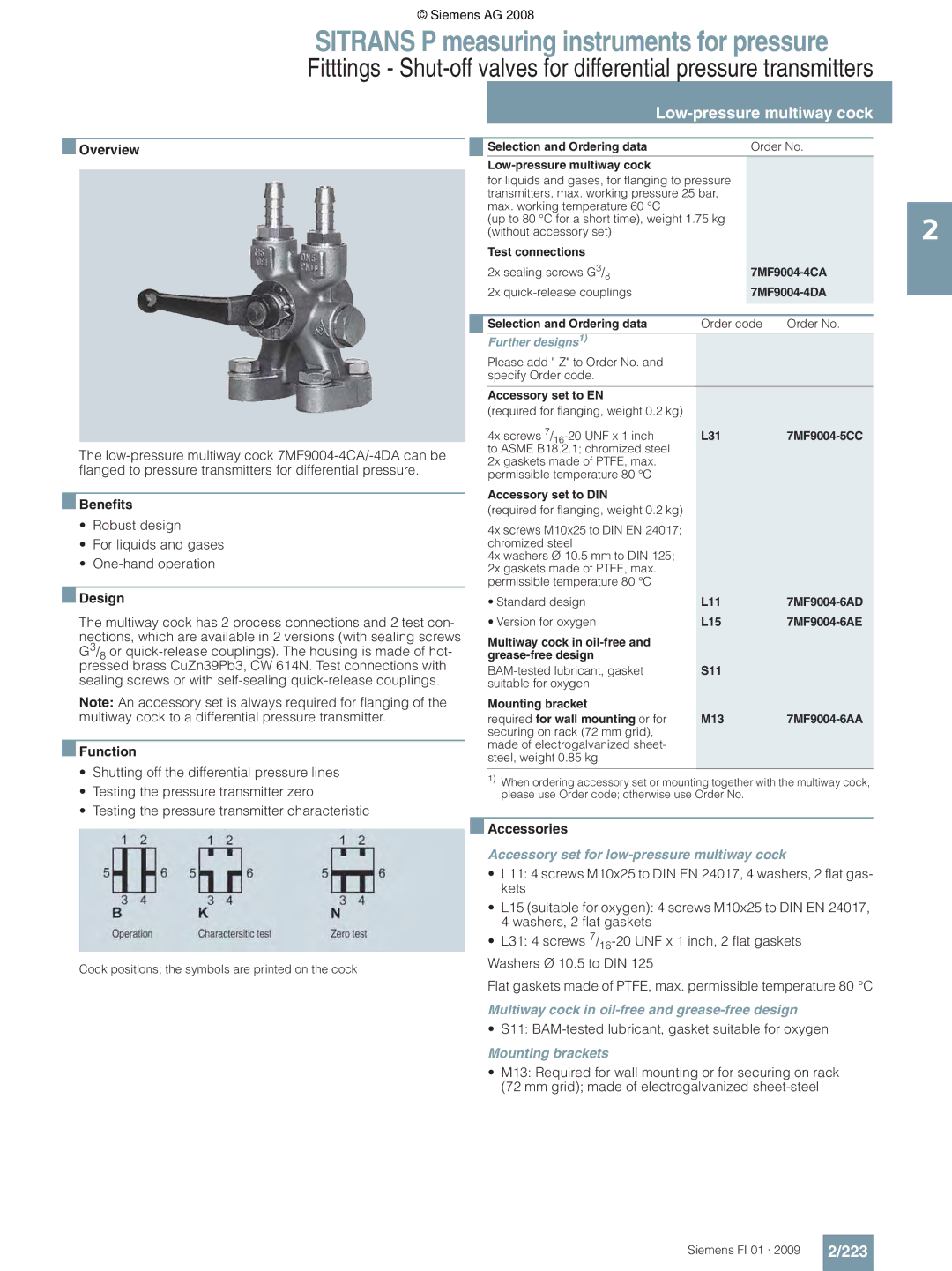 Siemens P technical specifications Low-pressure multiway cock, 223, Accessory set for low-pressure multiway cock 