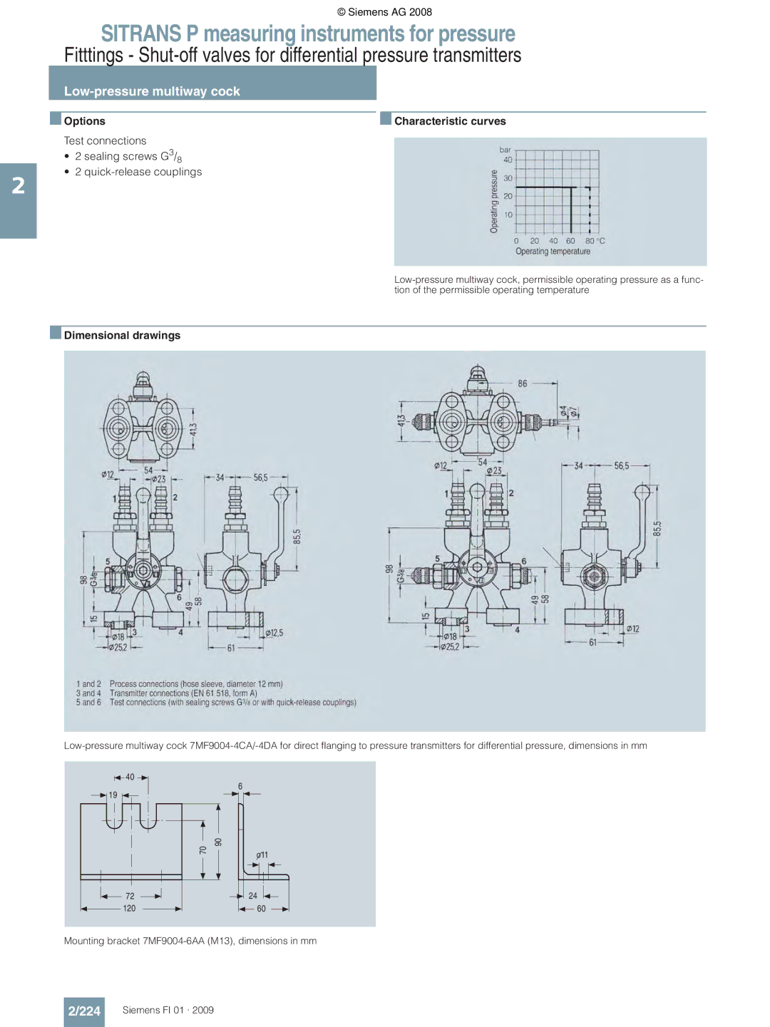 Siemens P technical specifications 224, OptionsCharacteristic curves, Mounting bracket 7MF9004-6AA M13, dimensions in mm 